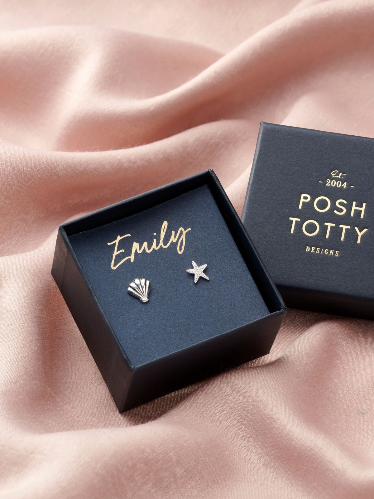Posh Totty Designs sterling silver starfish and shell stud earrings, imported from the UK