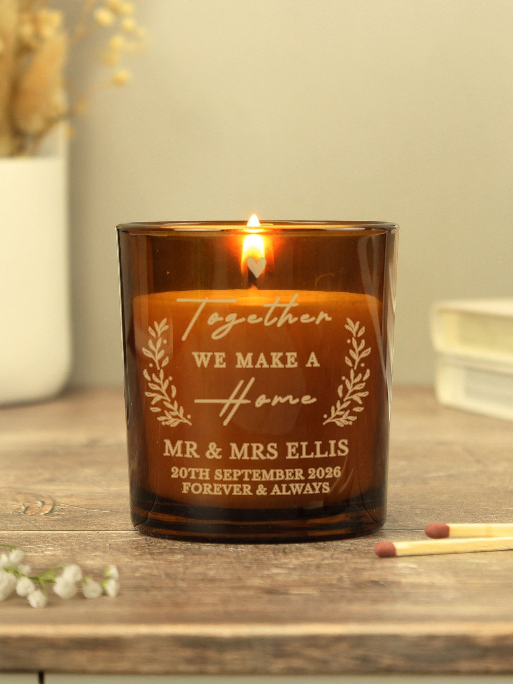PMC personalised amber glass vanilla-scented candle 8cm tall, imported from the UK