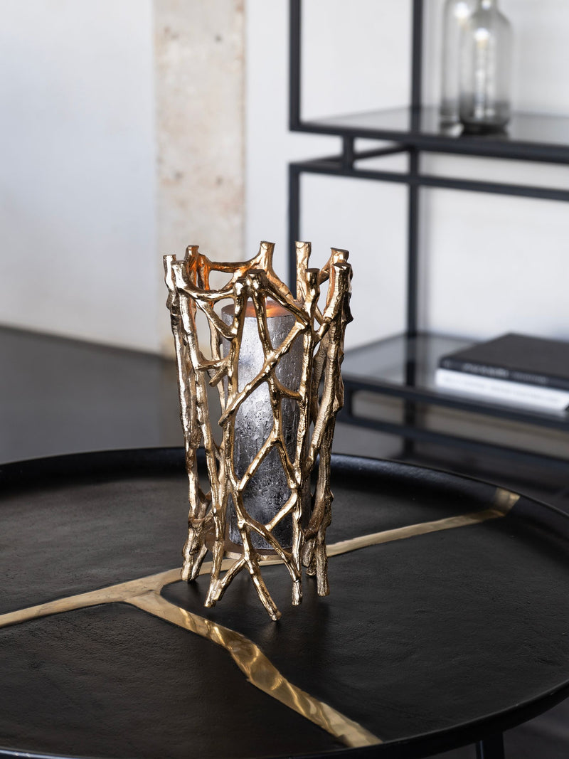 Libra Interiors gold twig round pillar candle holder, UK version