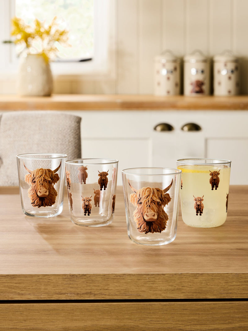 Hamish Highland Cow clear short tumblers set of 4, UK version