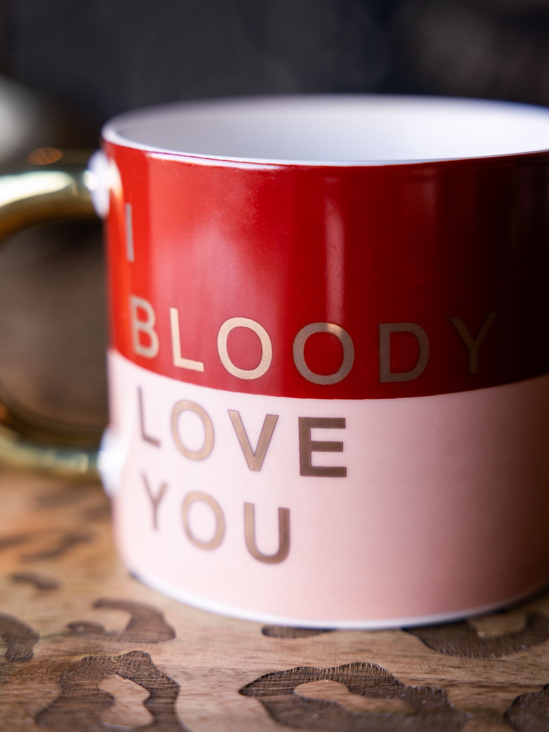 Single Pink Slogan Mug with Gold Handle and Tonal Design