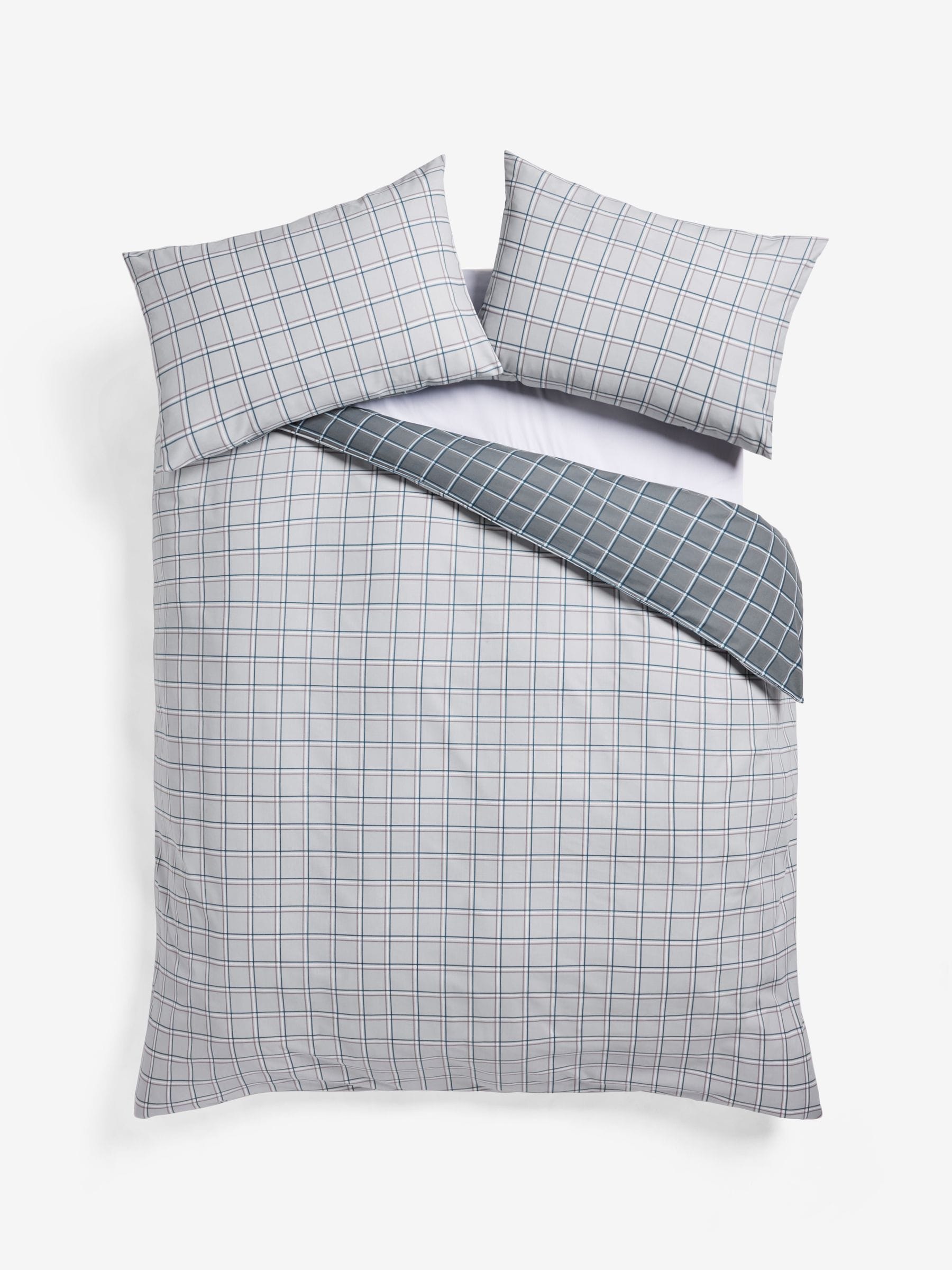 Grey reversible check duvet cover and pillowcase set, UK version