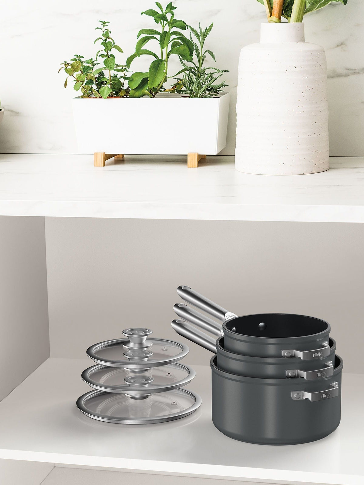 Ninja Grey ZEROSTICK Stackable 3-Piece Saucepan Set