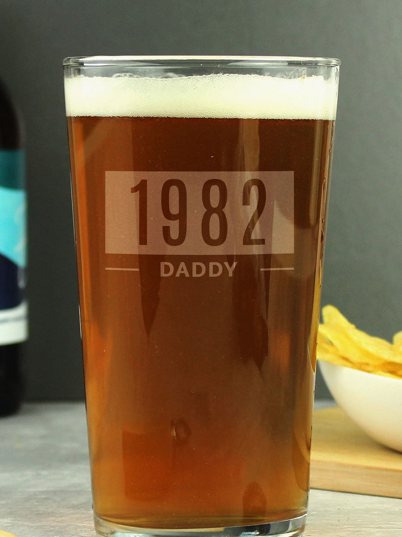 PMC personalised birth year pint glass, imported from the UK