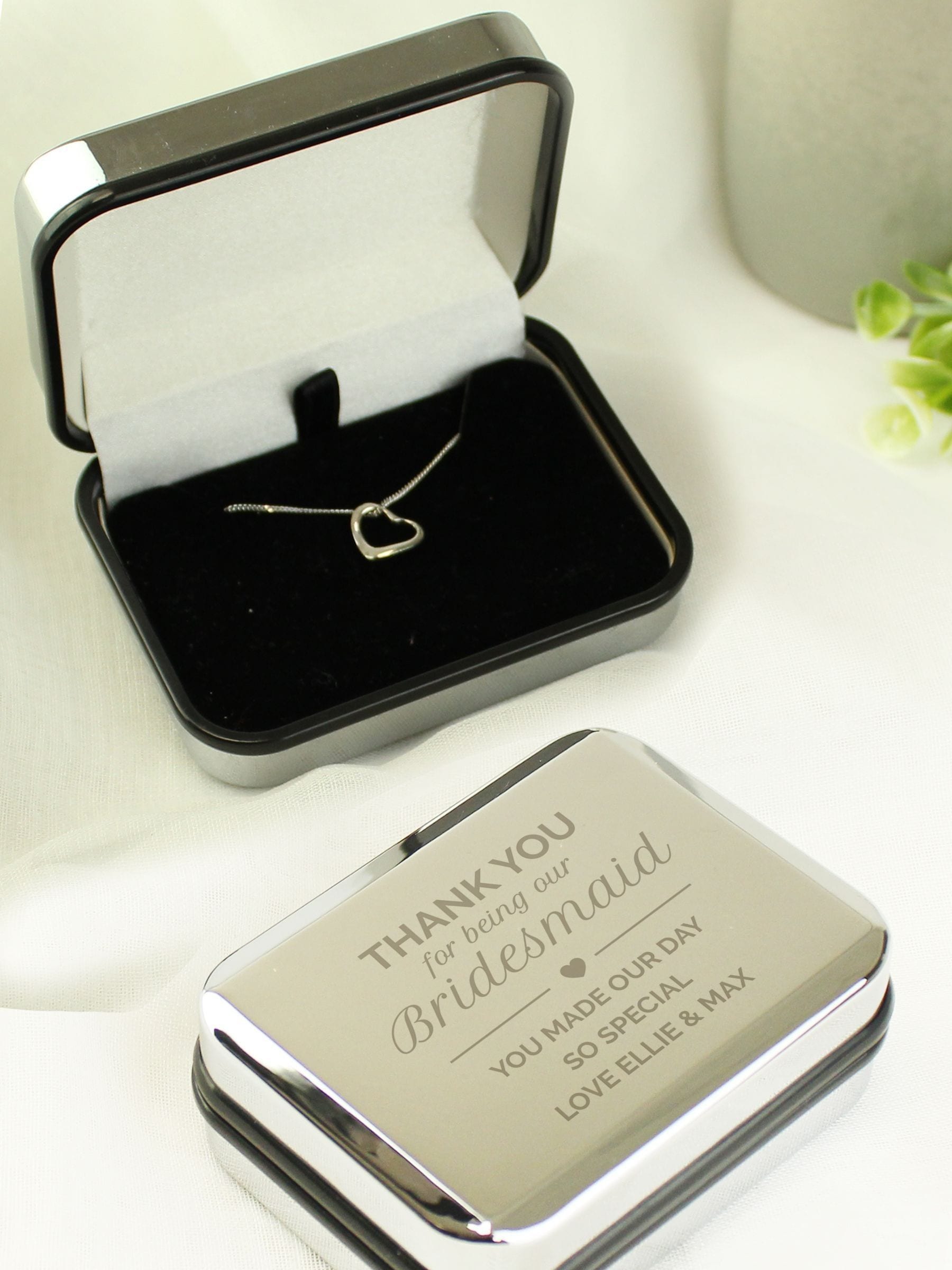 PMC Personalised Bridesmaid Box and Heart Necklace 16 Inch Chain, imported from the UK