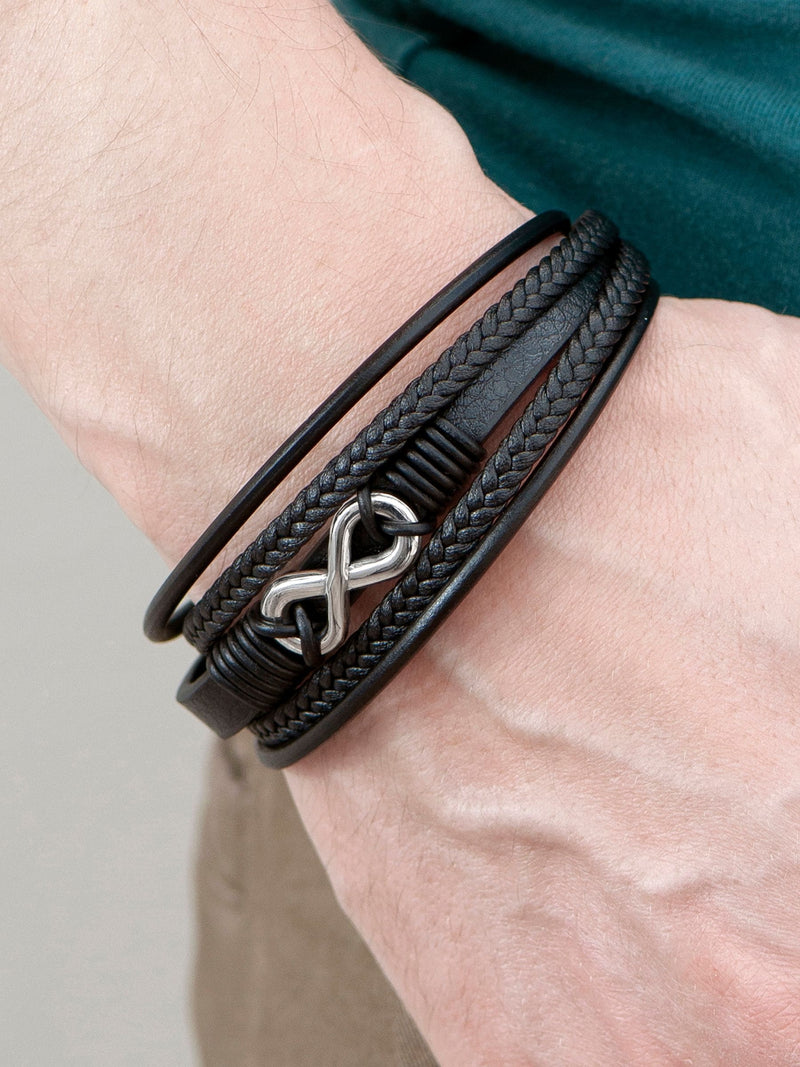 Treat Republic Men's Personalised Infinity Gunmetal Leather Stacked Black Bracelet (British brand)