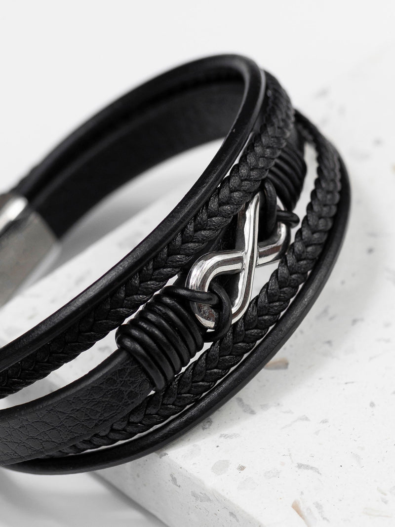 Treat Republic Men's Personalised Infinity Gunmetal Leather Stacked Black Bracelet (British brand)