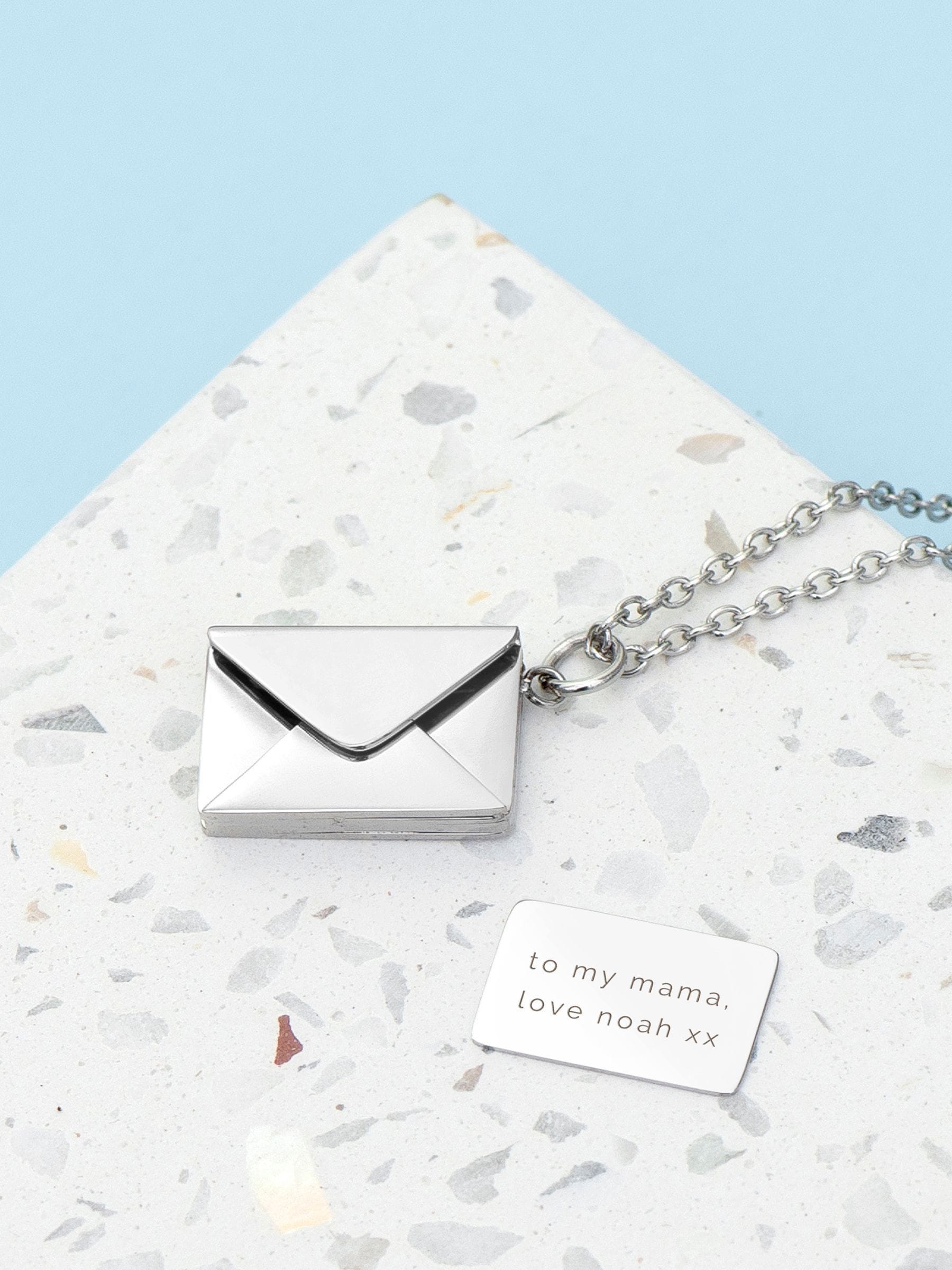 Treat Republic secret message envelope necklace with personalised engraving (British brand)