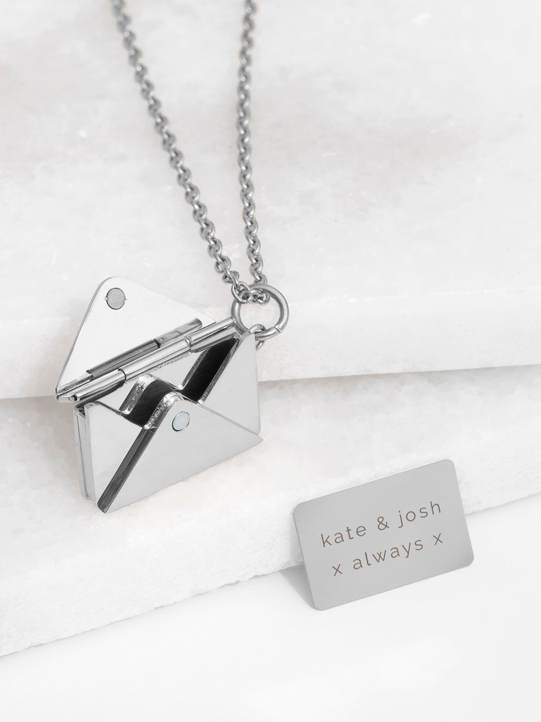 Treat Republic secret message envelope necklace with personalised engraving (British brand)
