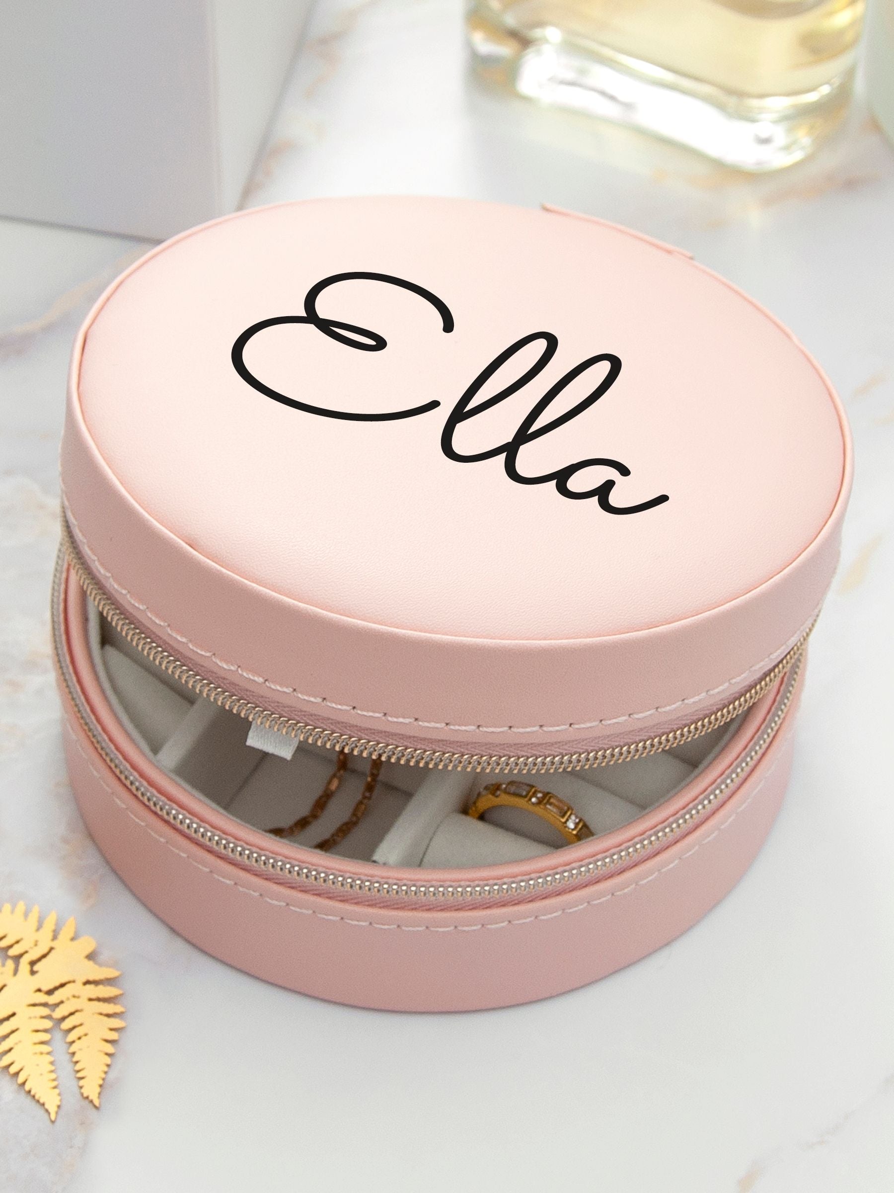 Treat Republic personalised blush round travel jewellery case (British brand)