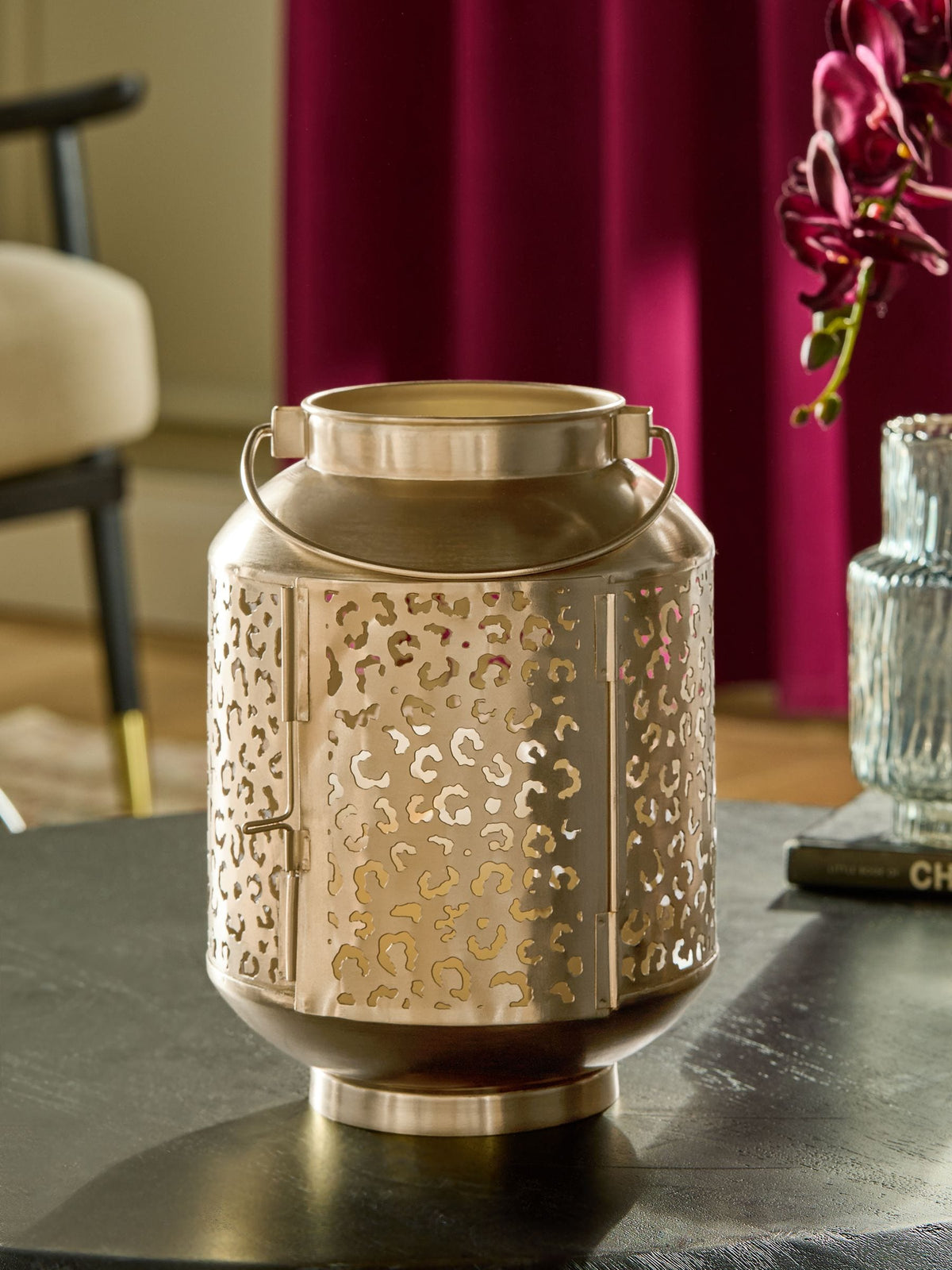 Gold Metal Leopard Print Cutout Lantern
