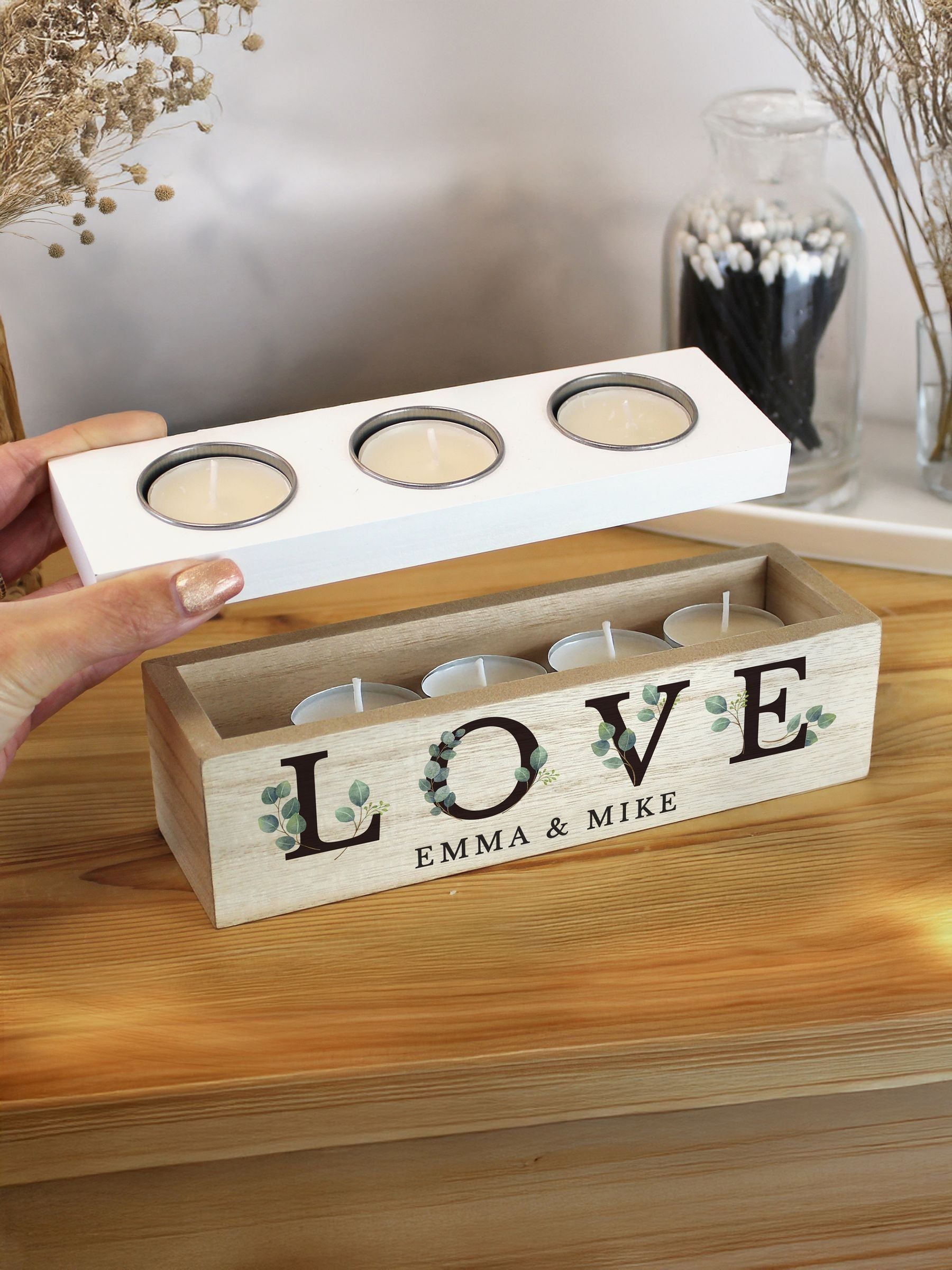 PMC personalized LOVE wooden tealight holder, imported from the UK