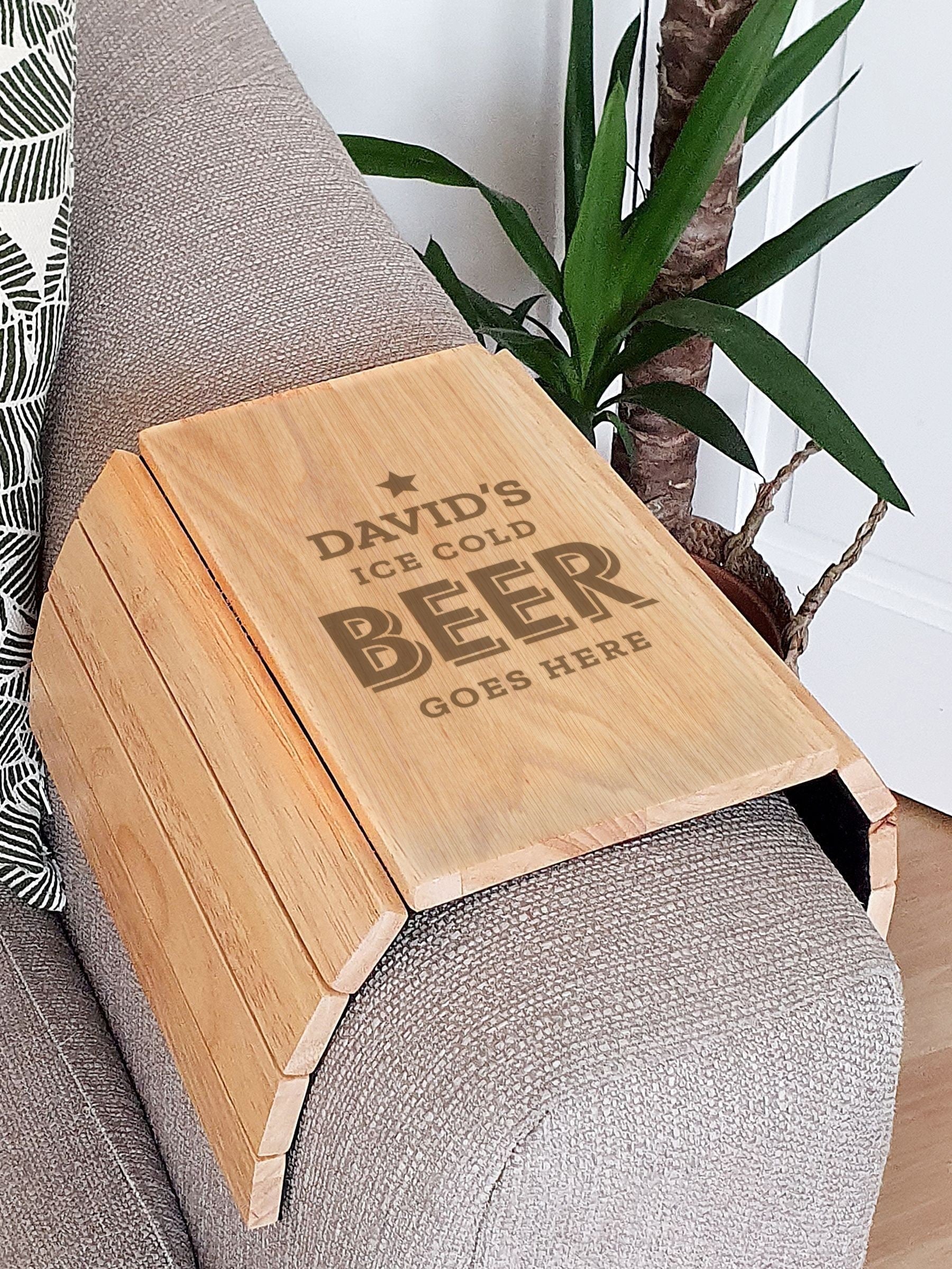 PMC Personalised Beer Goes Here wooden sofa tray, imported from the UK