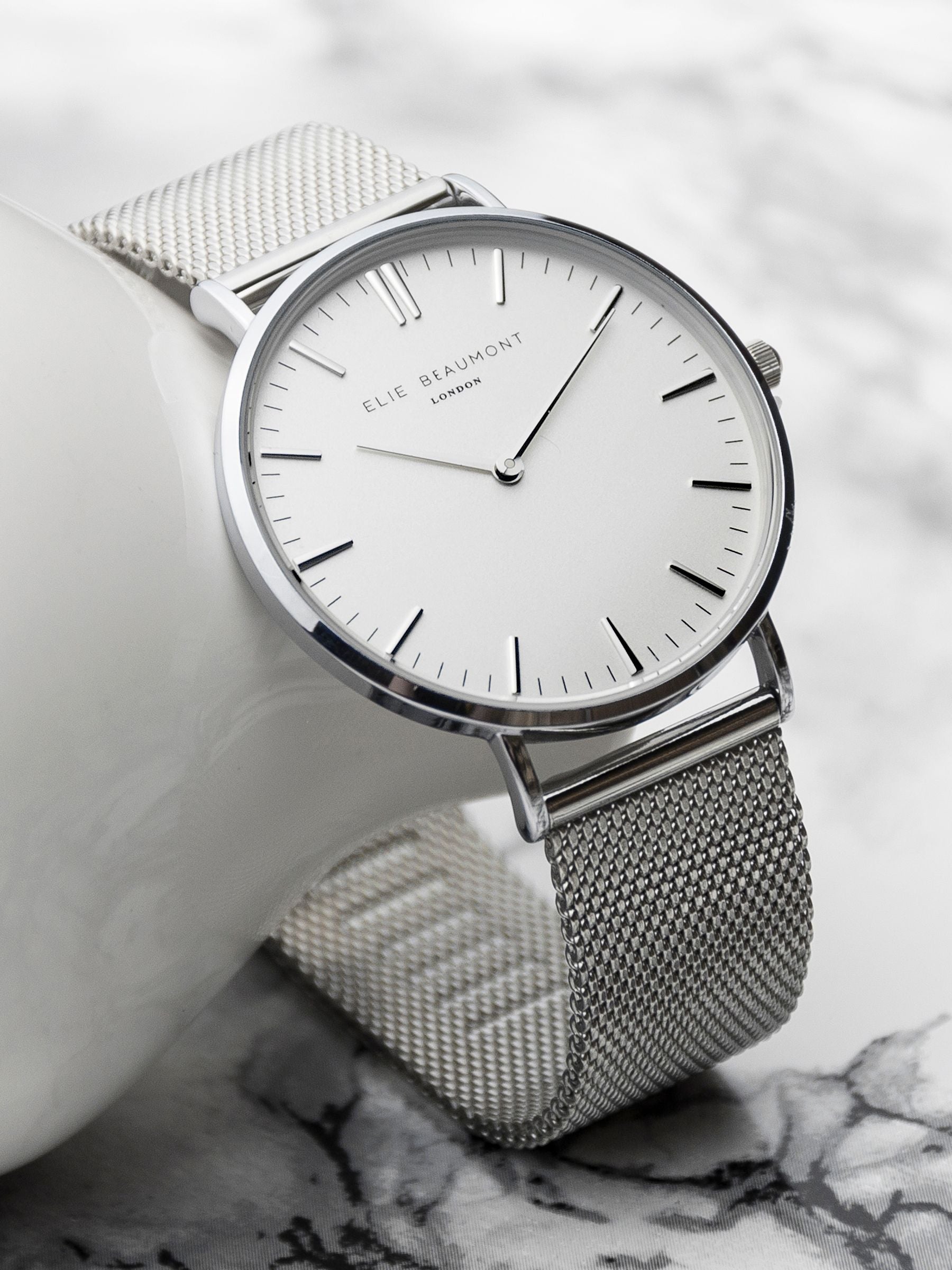 Elie Beaumont silver tone personalised metallic mesh watch - British product