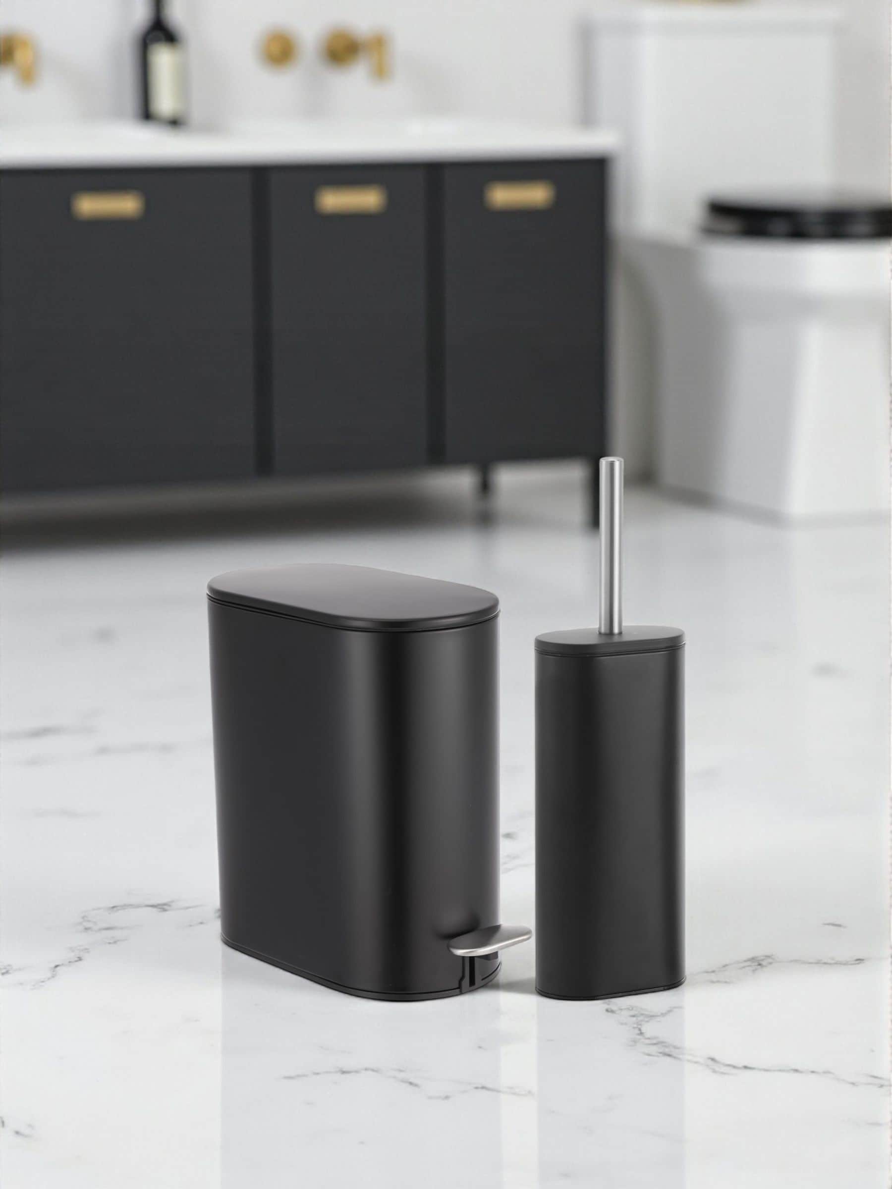 Showerdrape Black Fortuna 5L bathroom pedal bin and toilet brush set (British brand)