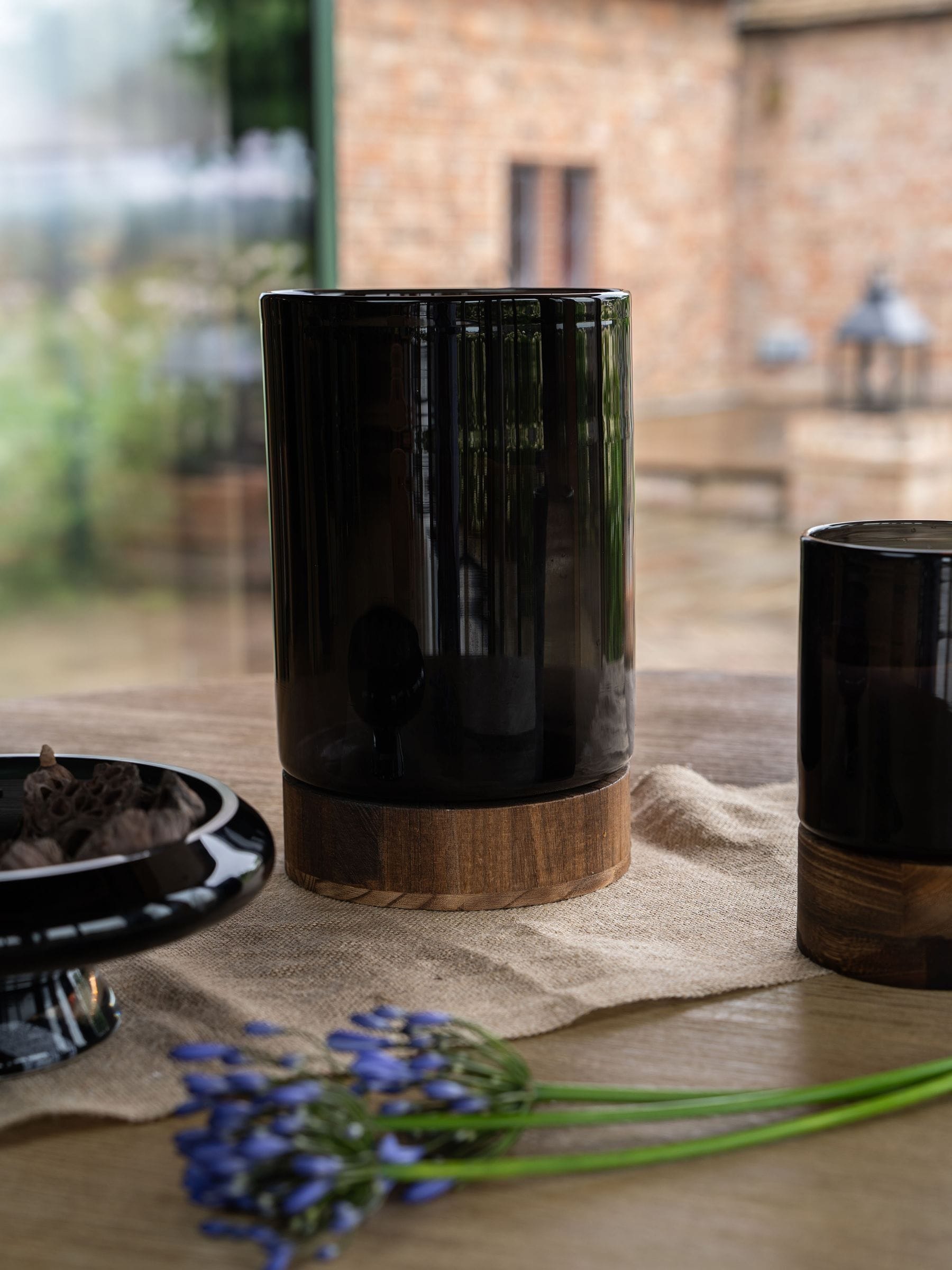 Libra Interiors Black Noir Glass Votive Vase with Wooden Base 31.5cm