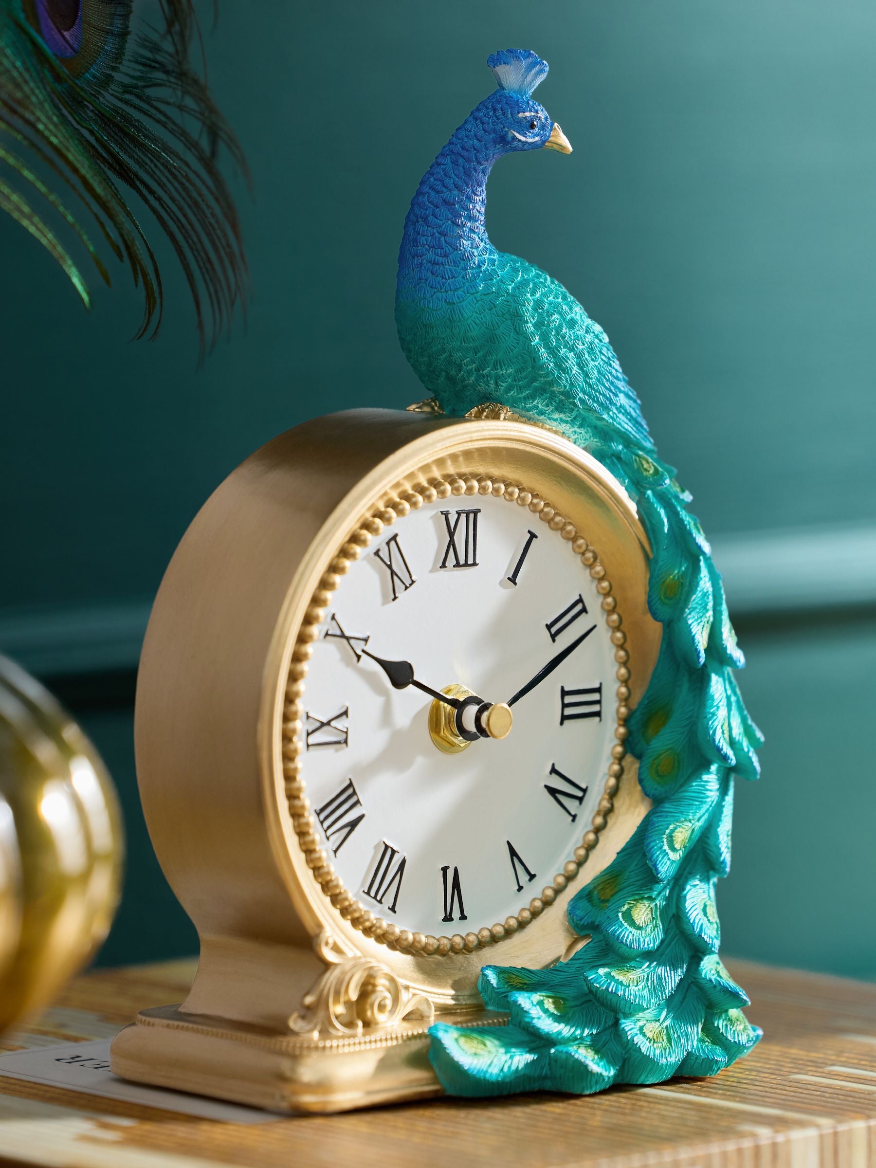 Peacock Mantel Clock Gold Teal Benedict 20cm, UK version