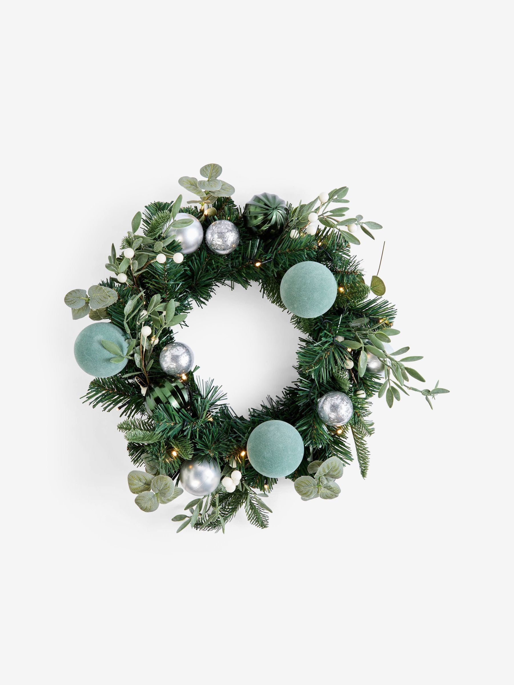 Green lit faux bauble Christmas wreath 48cm x 48cm, UK version