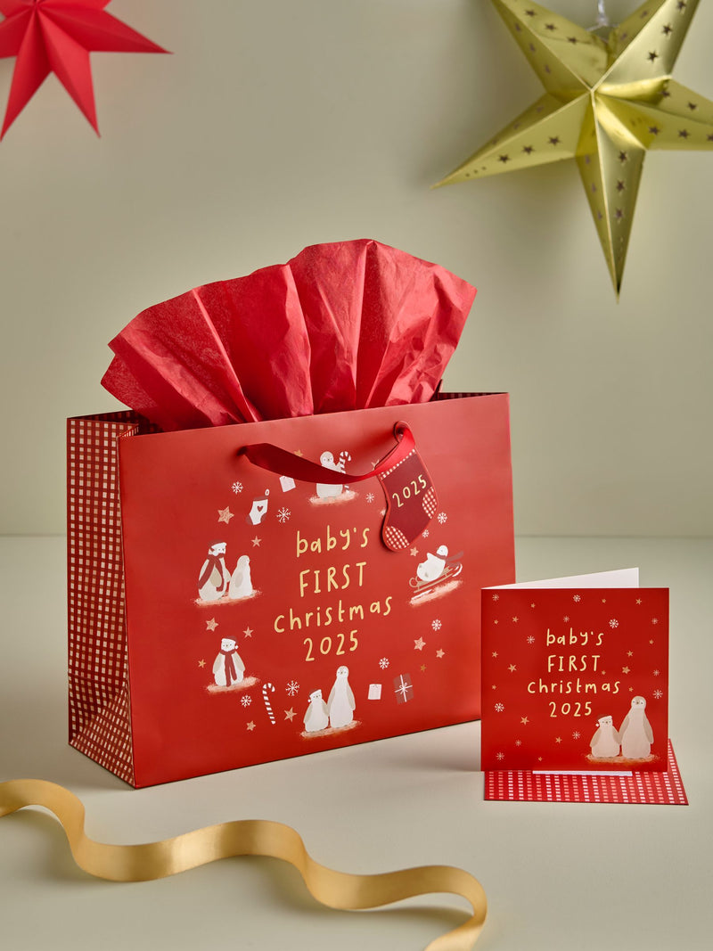 Red Babys First Christmas 2025 Gift Bag and Card Set