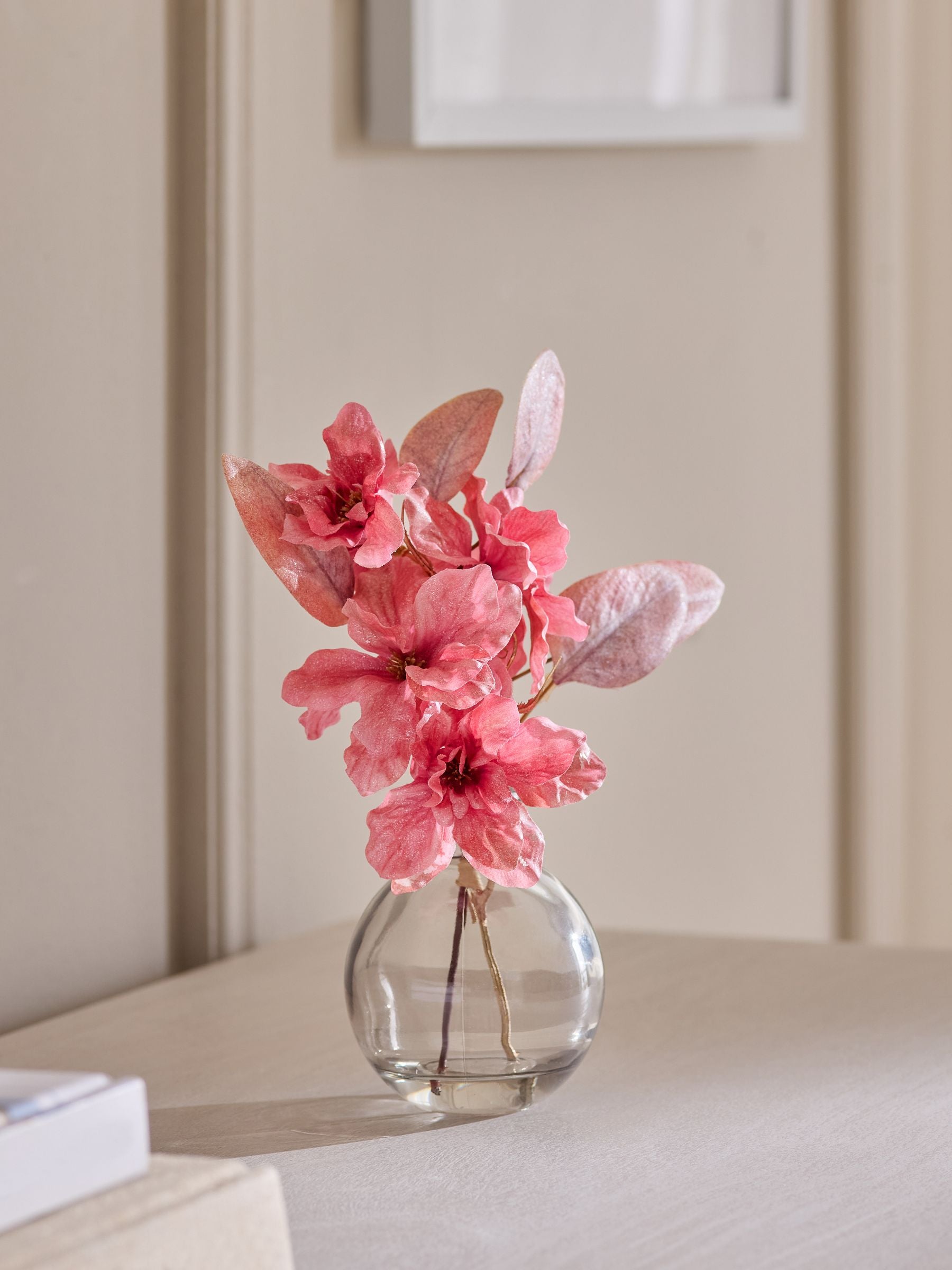 Metallic Pink Artificial Azalea Arrangement in Glass Vase 20cm, imported from the UK