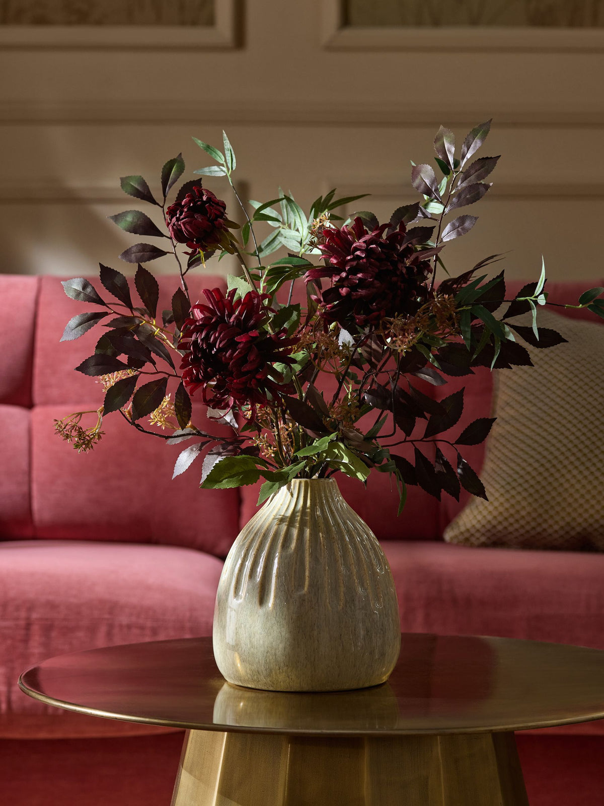 Red/Purple Artificial Dark Floral Arrangement in Ceramic Vase