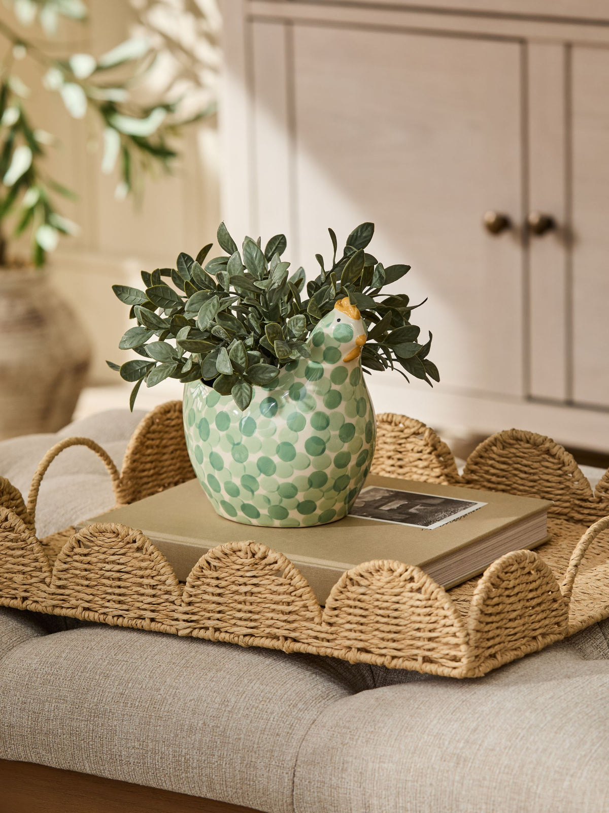 Green Artificial Plant In Spotted Ceramic Chicken Planter