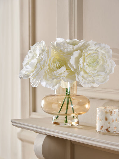 White Blousy Artificial Peonies in Gold Glass Vase Artificial Floral Arrangement 30x20x20cm