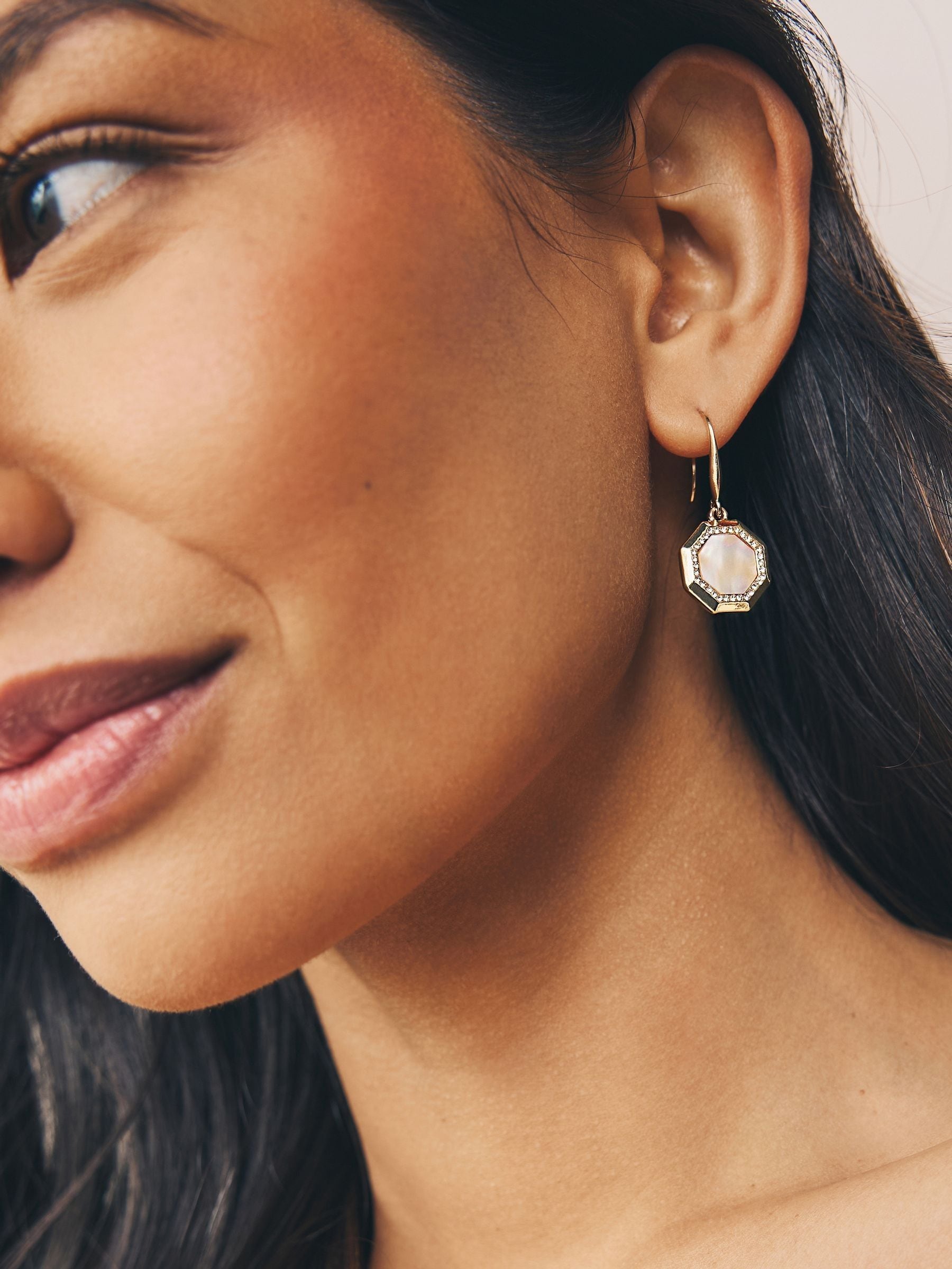 Gold Tone Mother of Pearl Octagon Drop Earrings