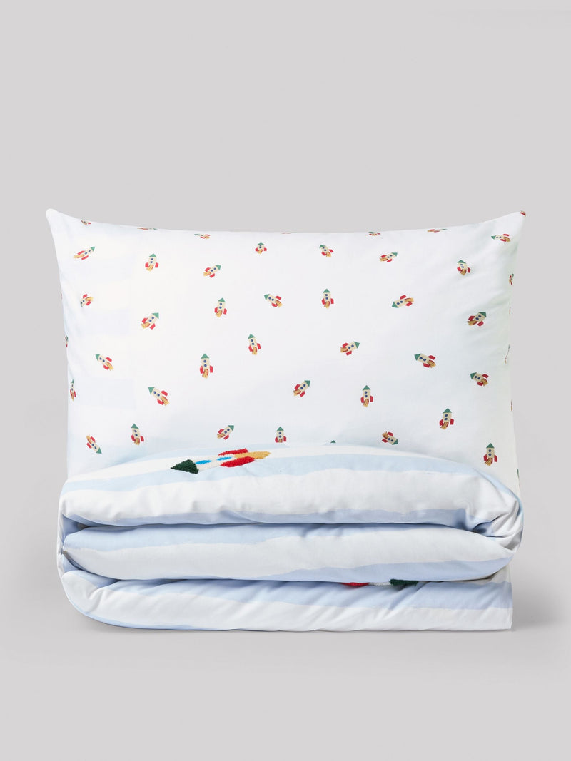 Blue/White tufted rocket duvet cover and pillowcase set - British product