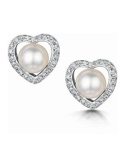 The Diamond Store Pearl and Diamond Heart Earrings 9K White Gold