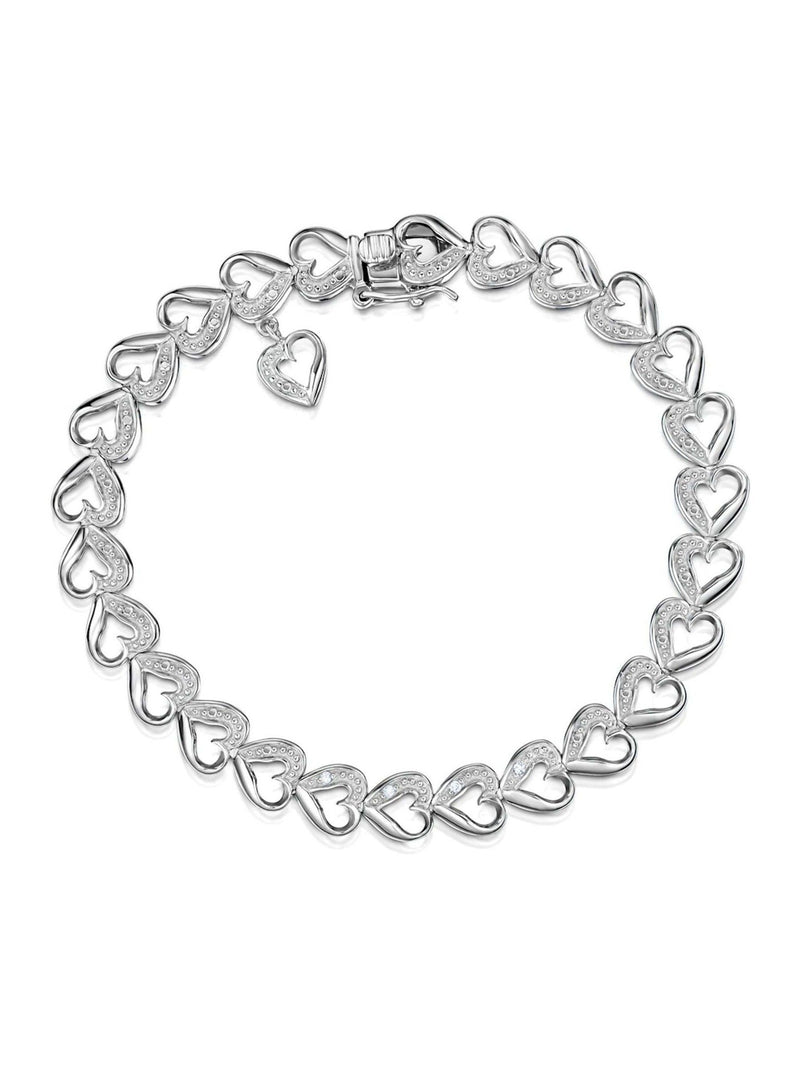 Sterling Silver Linked Heart Bracelet with Diamonds 18.5cm Length