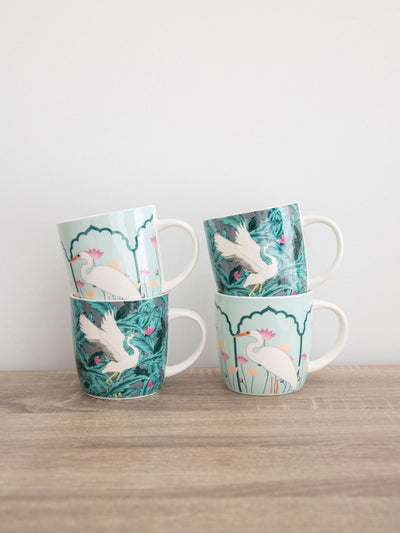 Kitchencraft Set of 4 Green Exotic Bird Colourful Ceramic Mugs 425ml