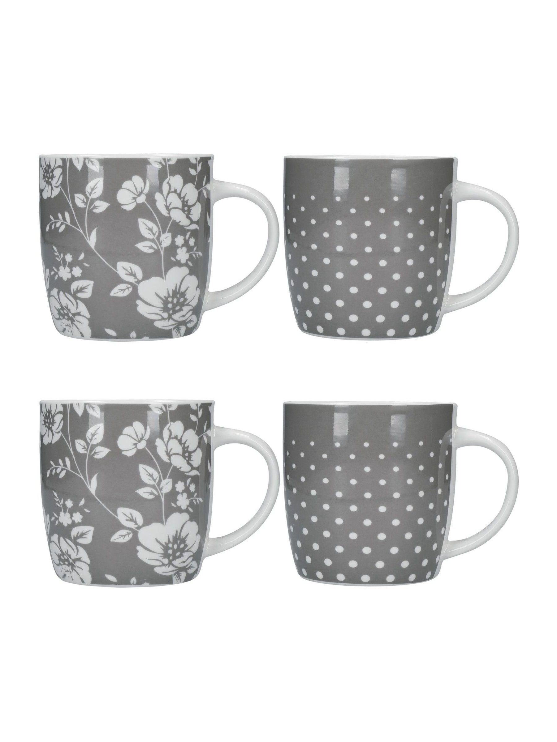 Kitchencraft grey floral polka dot ceramic mugs 425ml, UK version