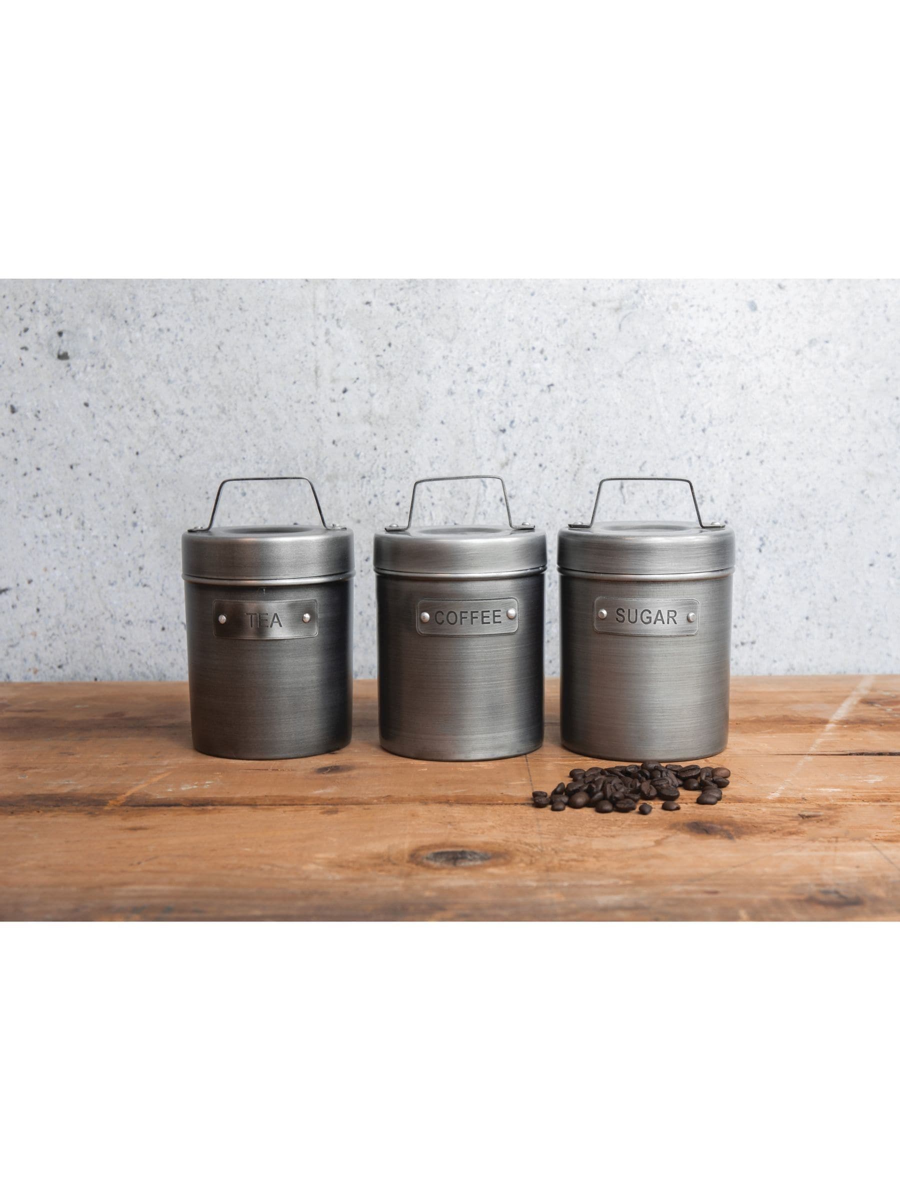 Kitchencraft grey metal tea coffee sugar canisters, 1 litre, UK version