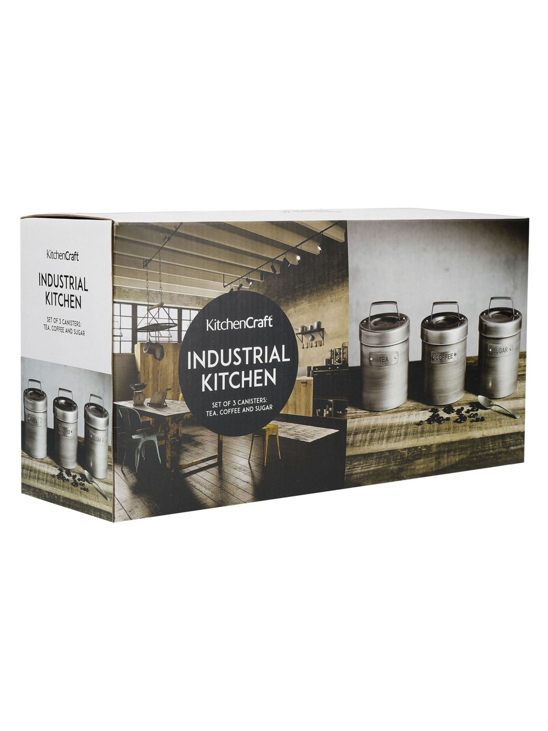 Kitchencraft grey metal tea coffee sugar canisters, 1 litre, UK version
