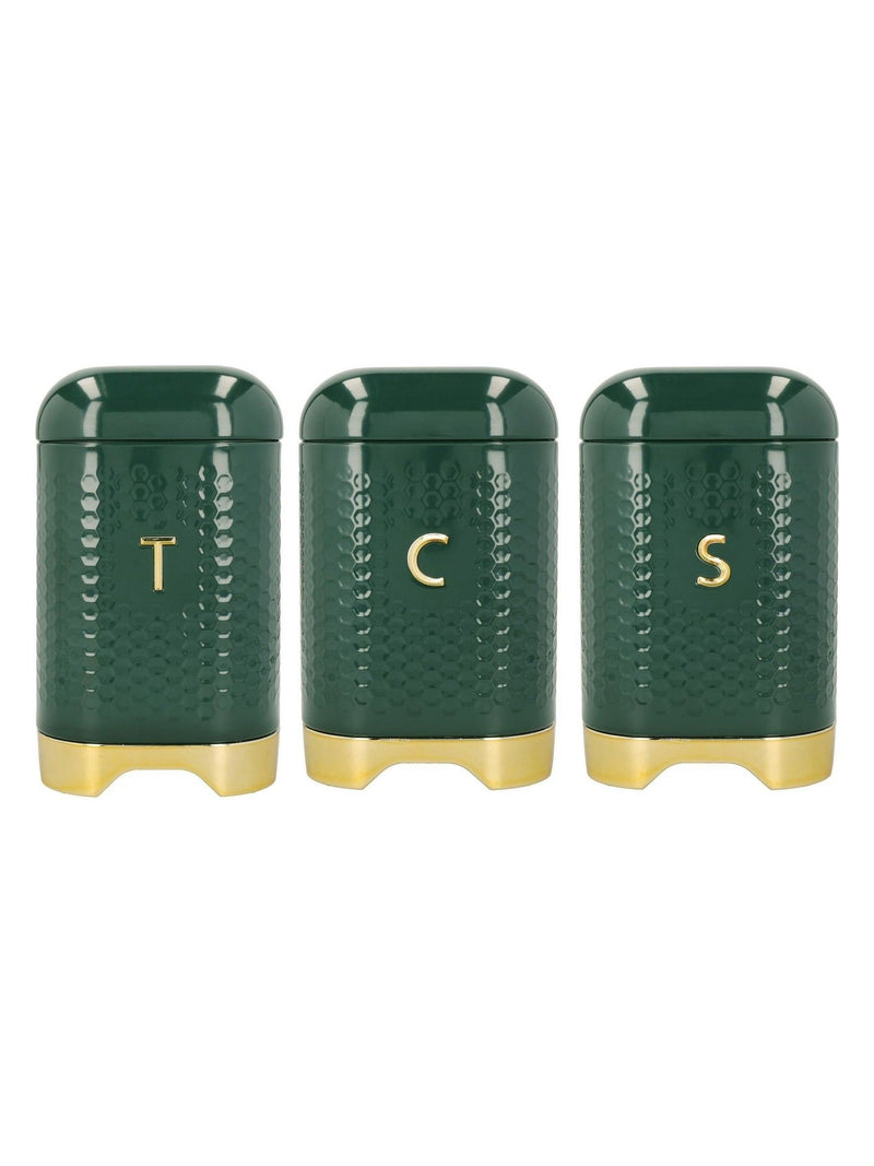 Kitchencraft green textured geometric tea coffee sugar canisters set, UK version
