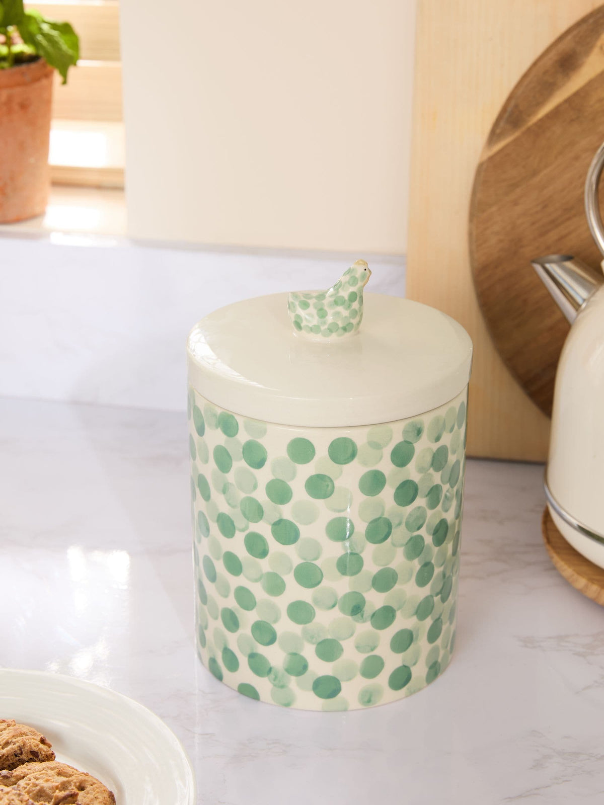 Sage green ceramic biscuit jar with chicken topper 22cm (British brand)