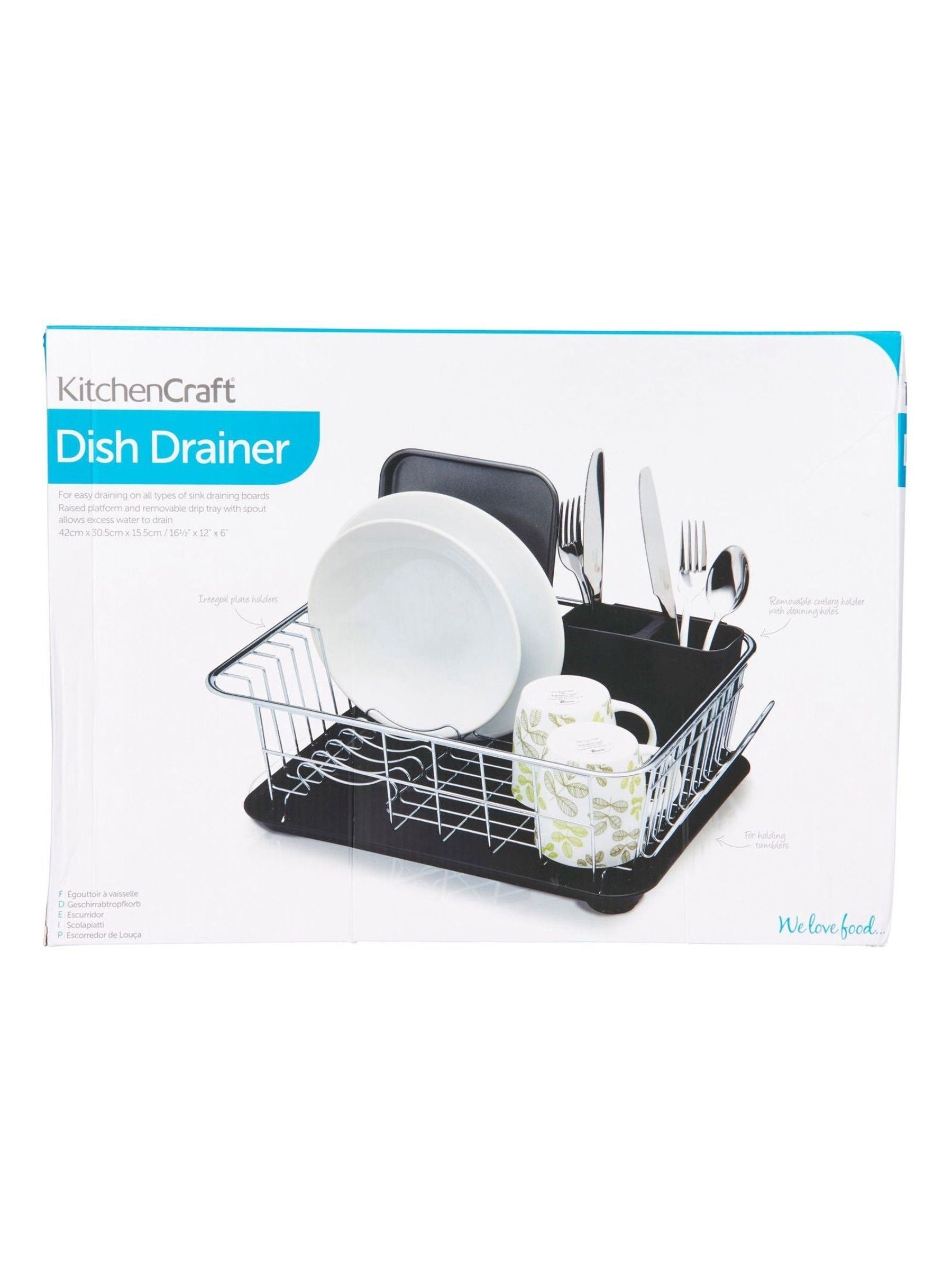 Kitchencraft chrome metal dish drainer with drip tray, UK version