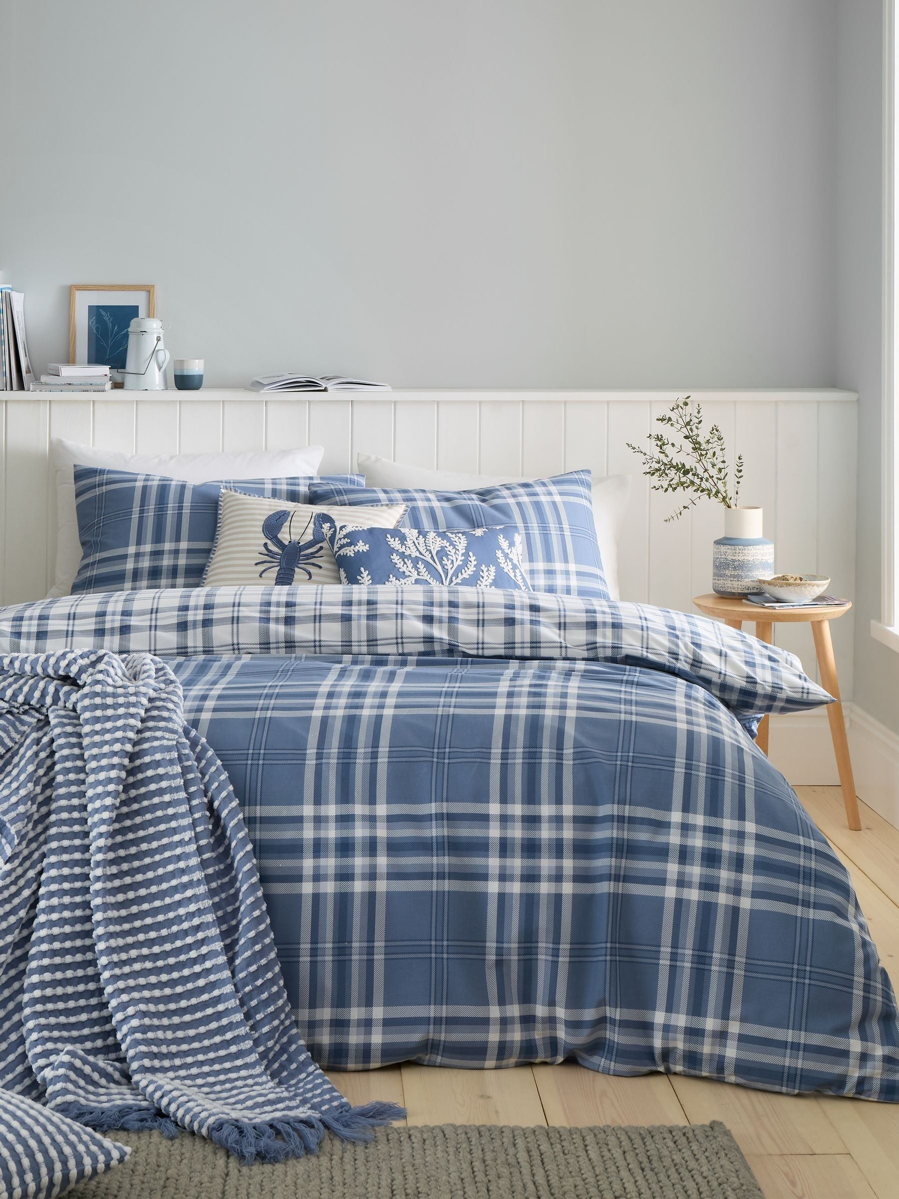 Catherine Lansfield Blue Kelso Check duvet cover and pillowcase set - British product