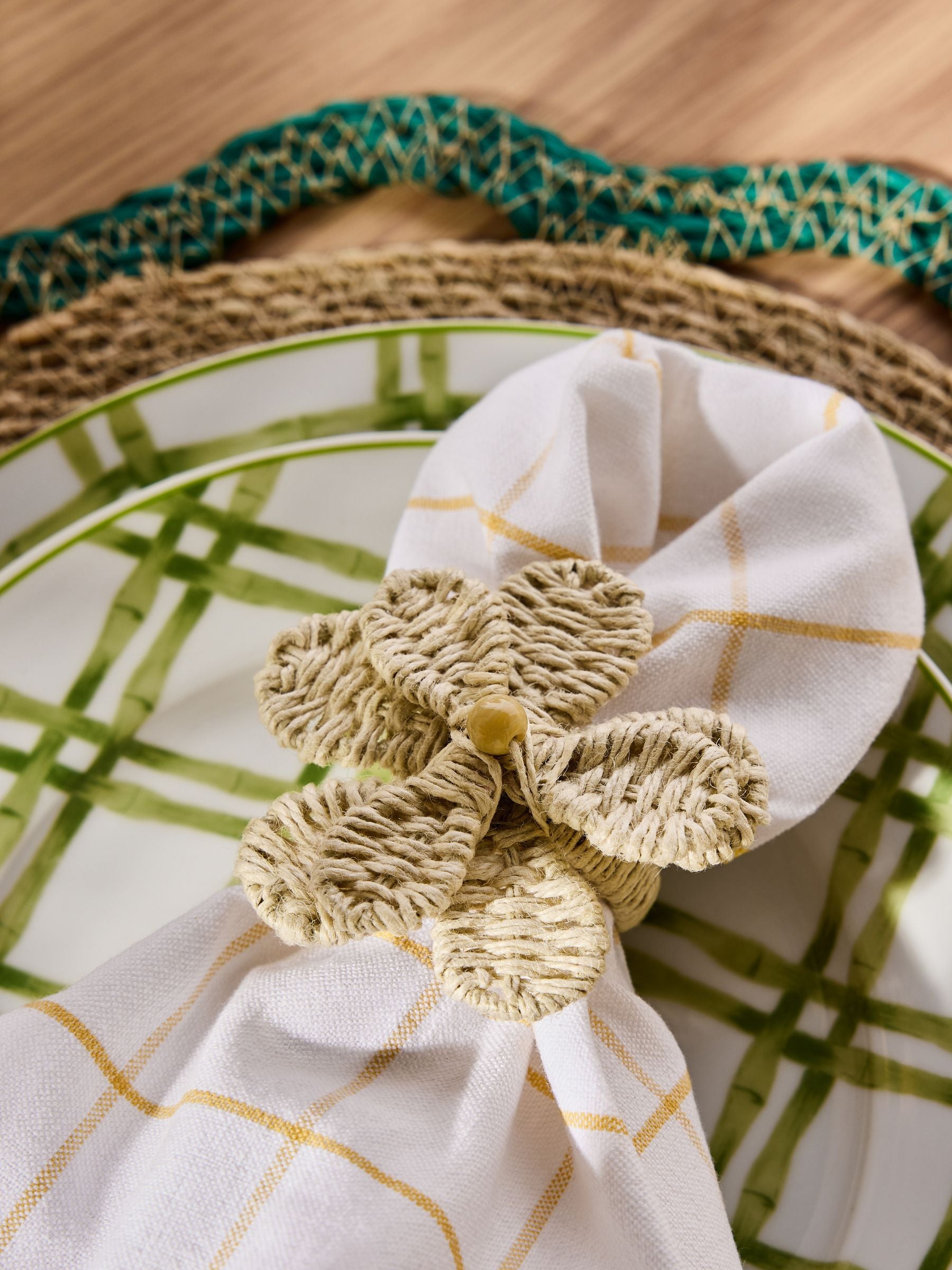 Nina Campbell natural woven flower napkin rings set of 2, imported from the UK