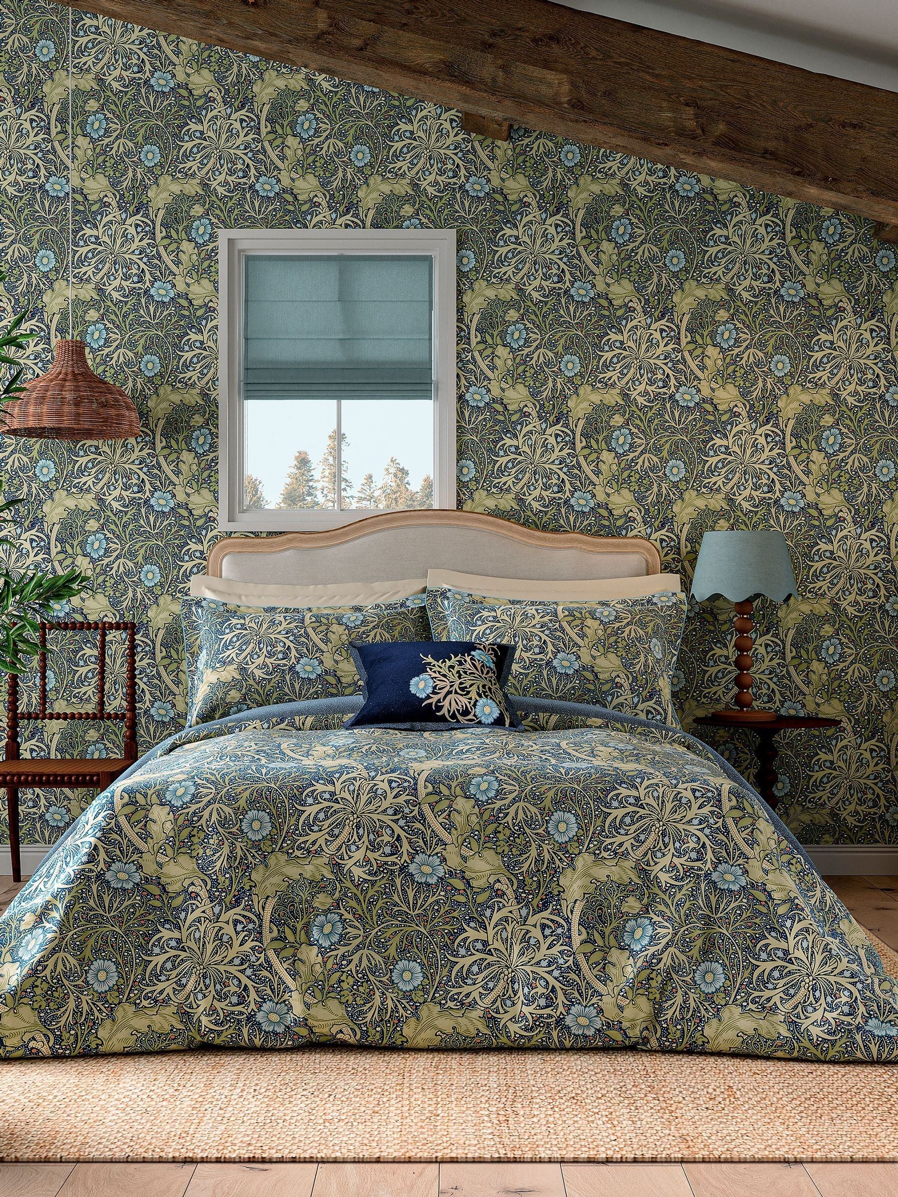 Morris & Co Cobalt Thyme Morris seaweed duvet cover and pillowcase set, imported from the UK