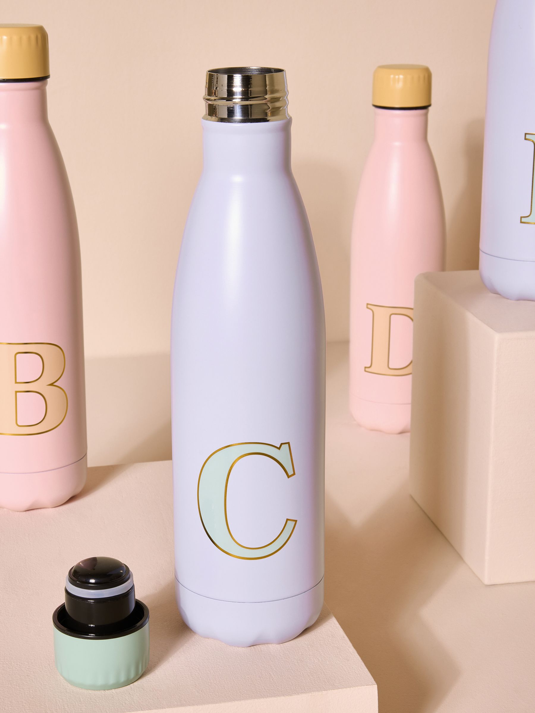Pink lilac alphabet stainless steel water bottle 500ml, imported from the UK