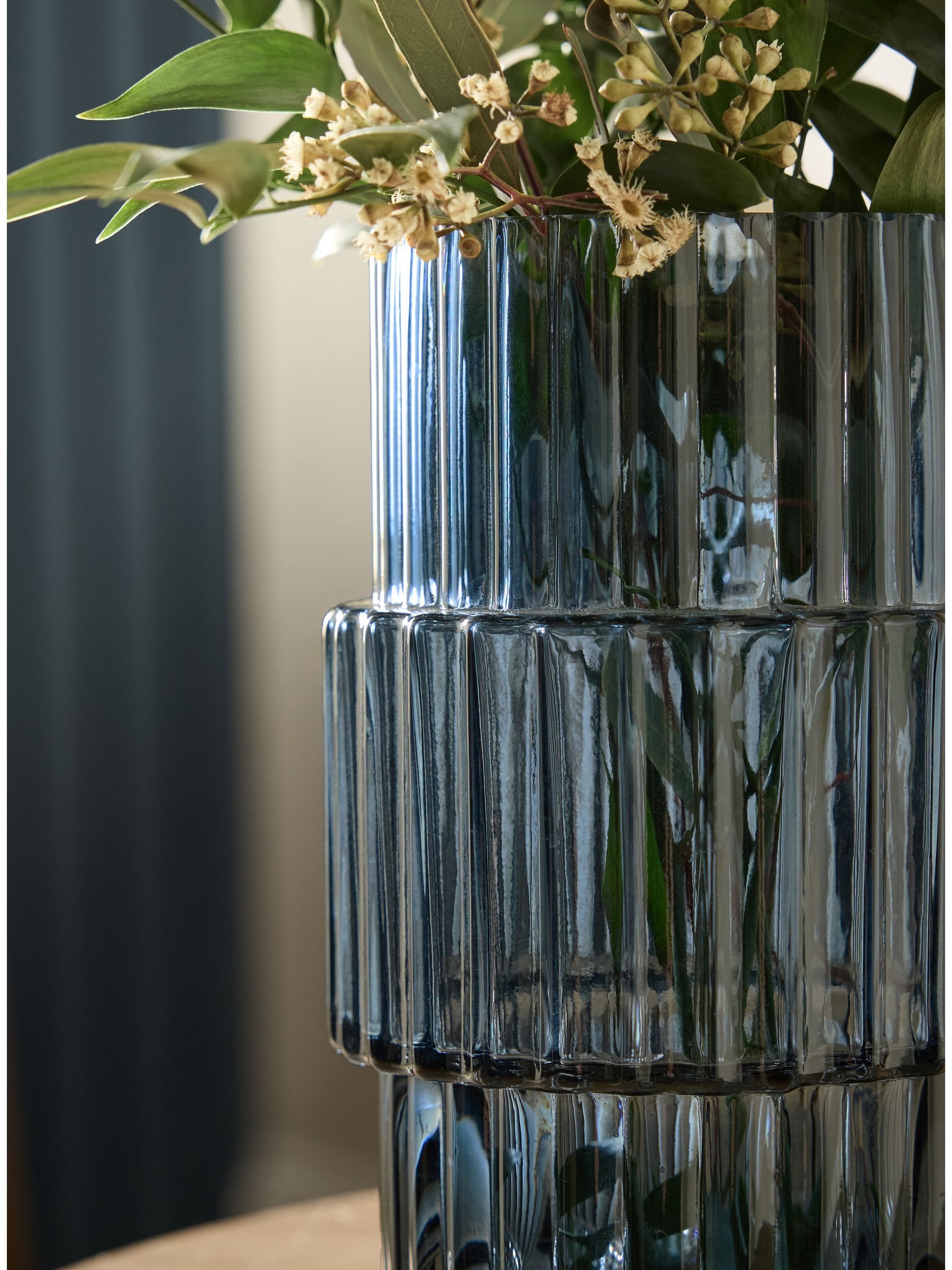 Blue small ribbed glass vase 18cm height - British product