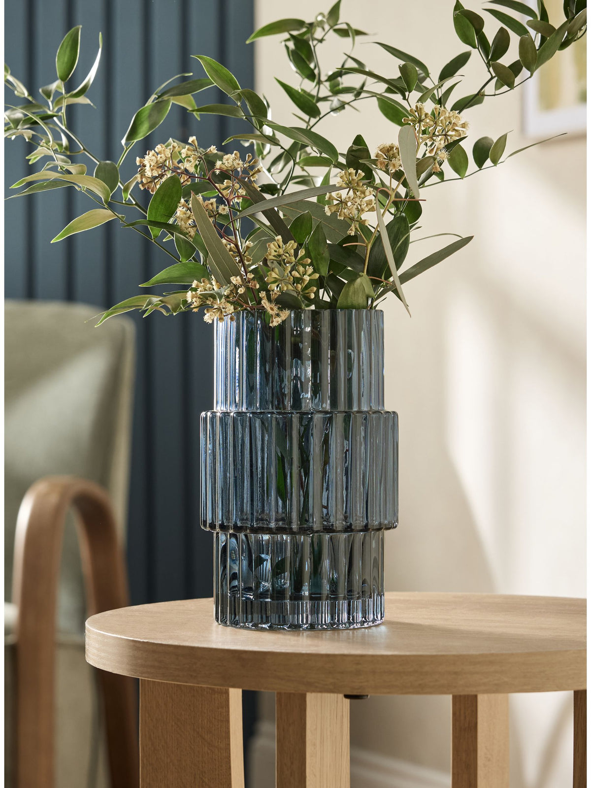 Blue small ribbed glass vase 18cm height - British product