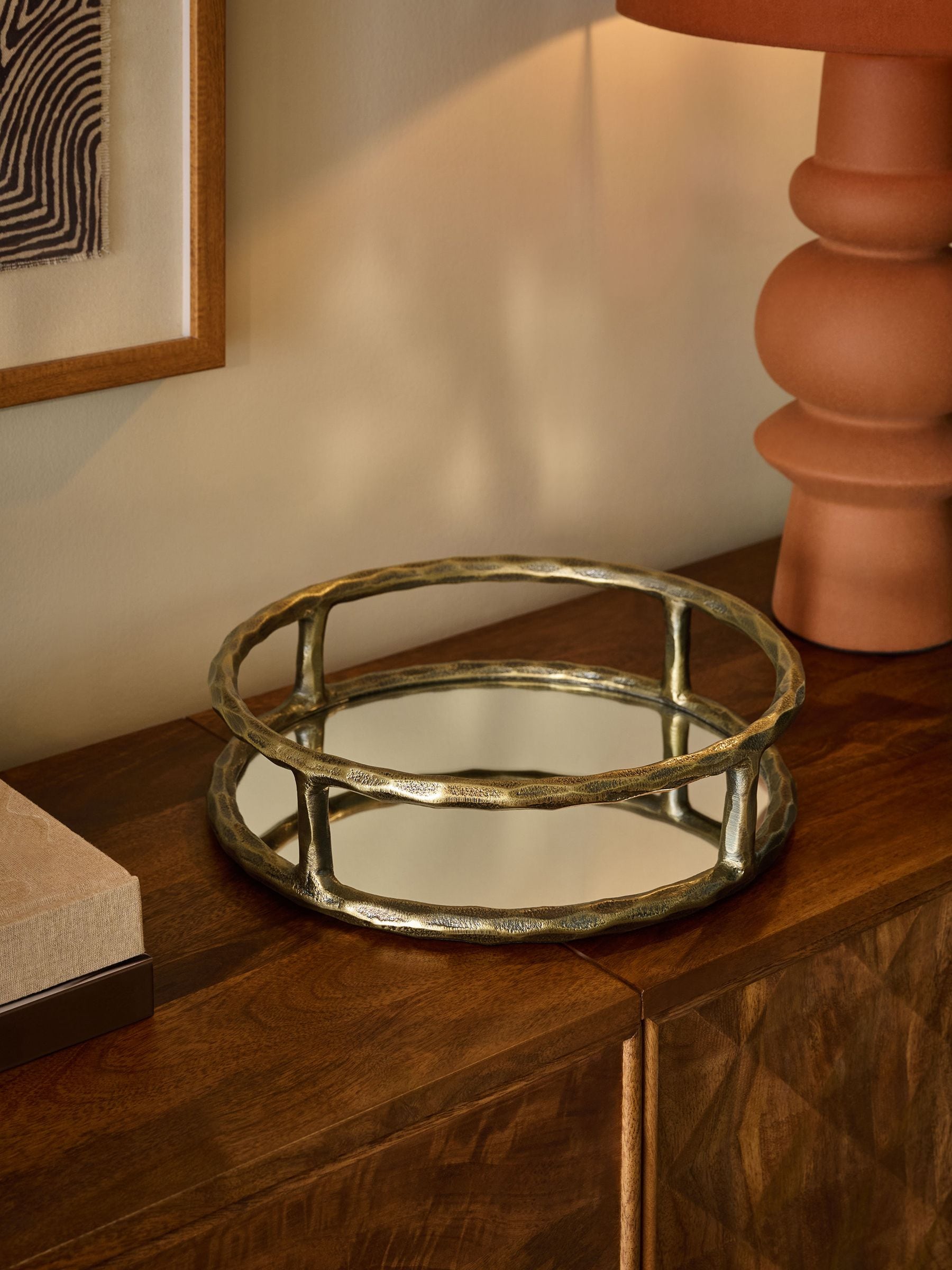 Decorative mirrored tray gold forged metal 8cm depth 32cm diameter, UK version