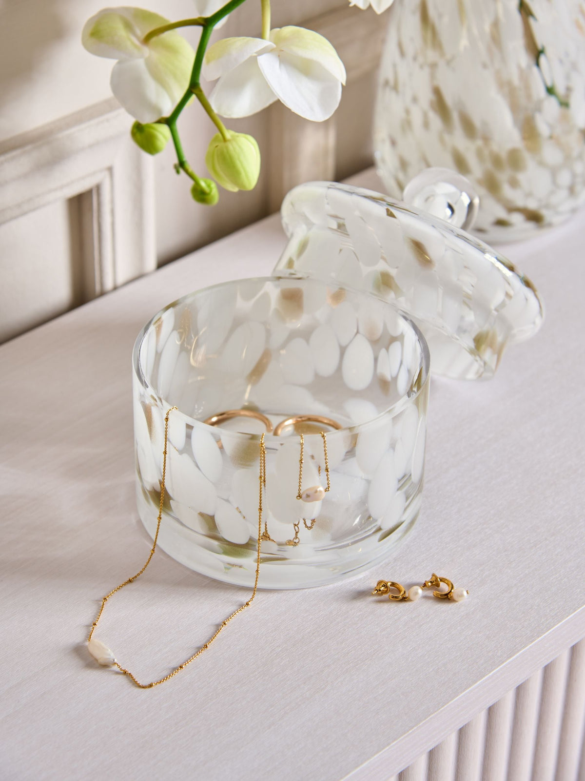 White and gold glass confetti trinket pot with lid 12.5cm (British brand)