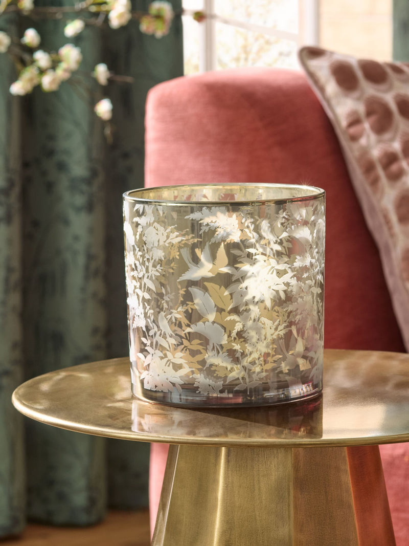 Gold botanical glass hurricane candle holder 15cm, imported from the UK
