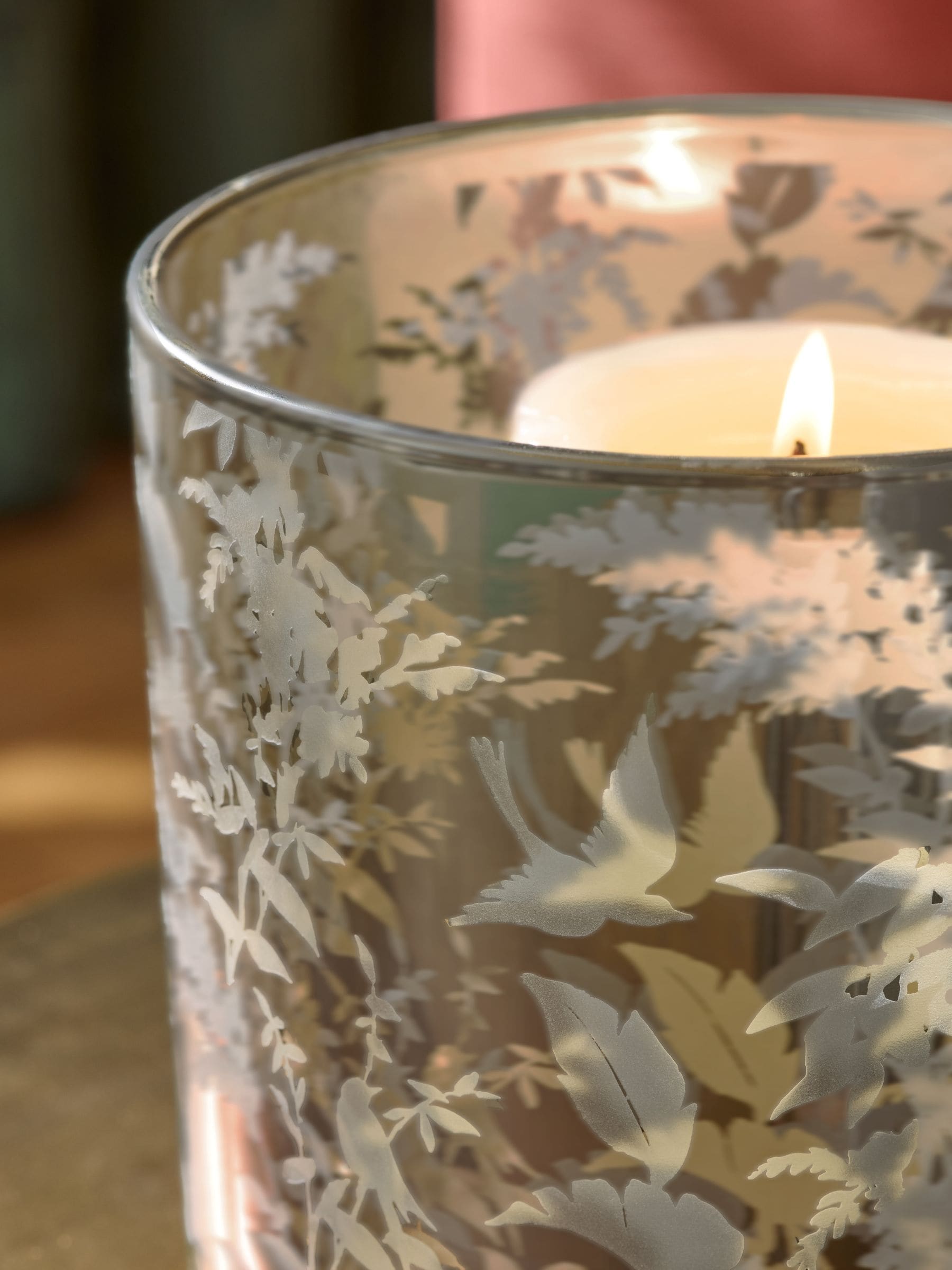 Gold botanical glass hurricane candle holder 15cm, imported from the UK