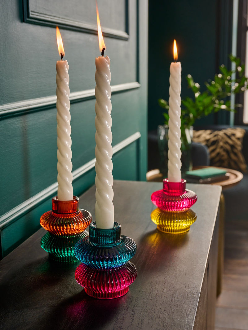 Glass tea light and taper candle holders in multicolour (British brand)