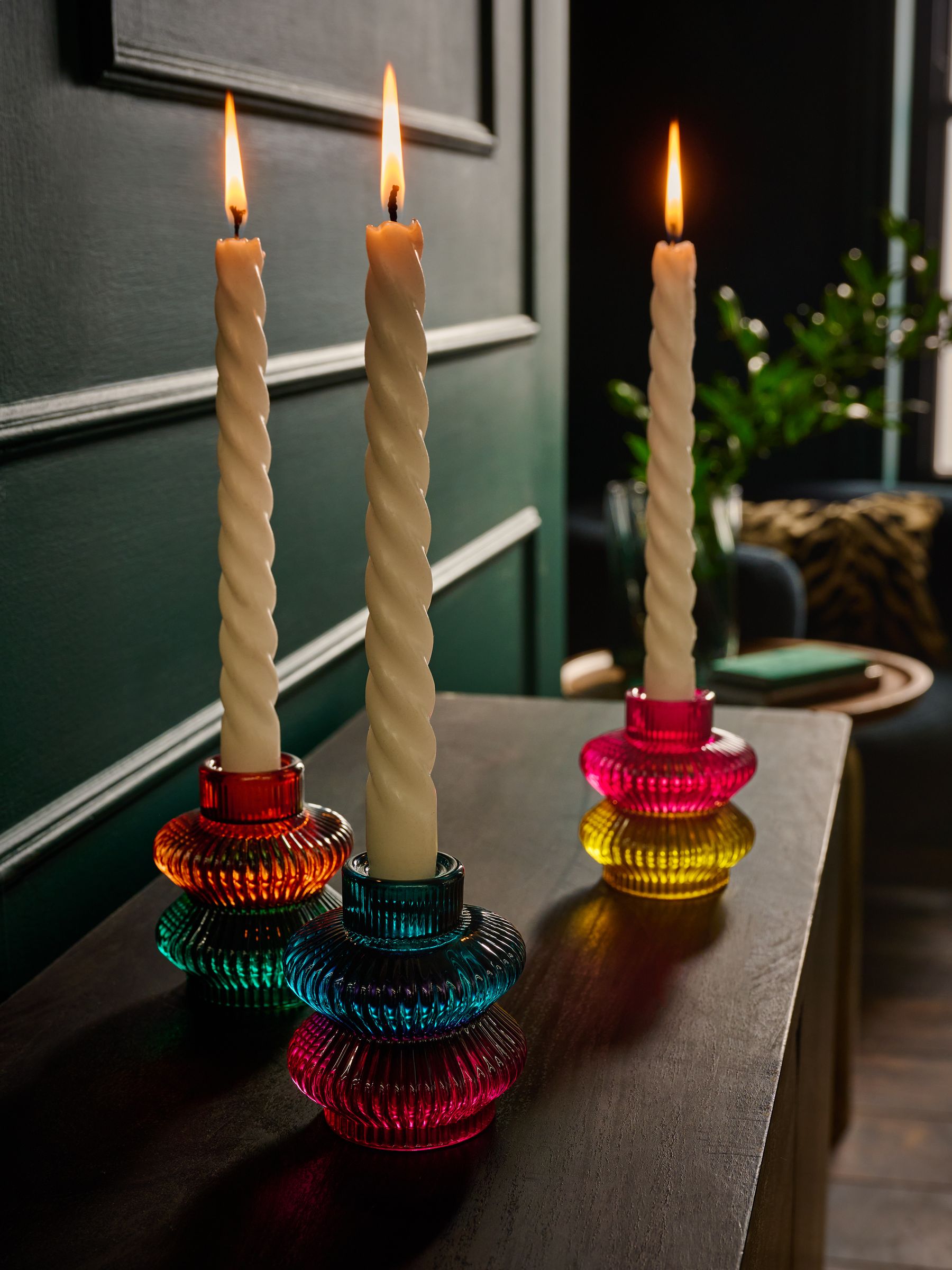 Glass tea light and taper candle holders in multicolour (British brand)